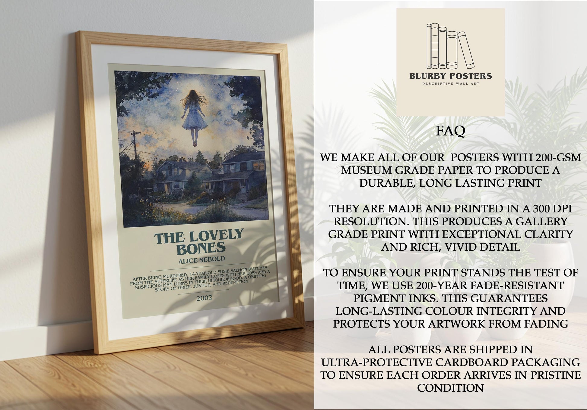 The Lovely Bones by Alice Sebold Descriptive Poster Print. Free Delivery Wall Art Author & Blurb Book Artwork Novel Modern