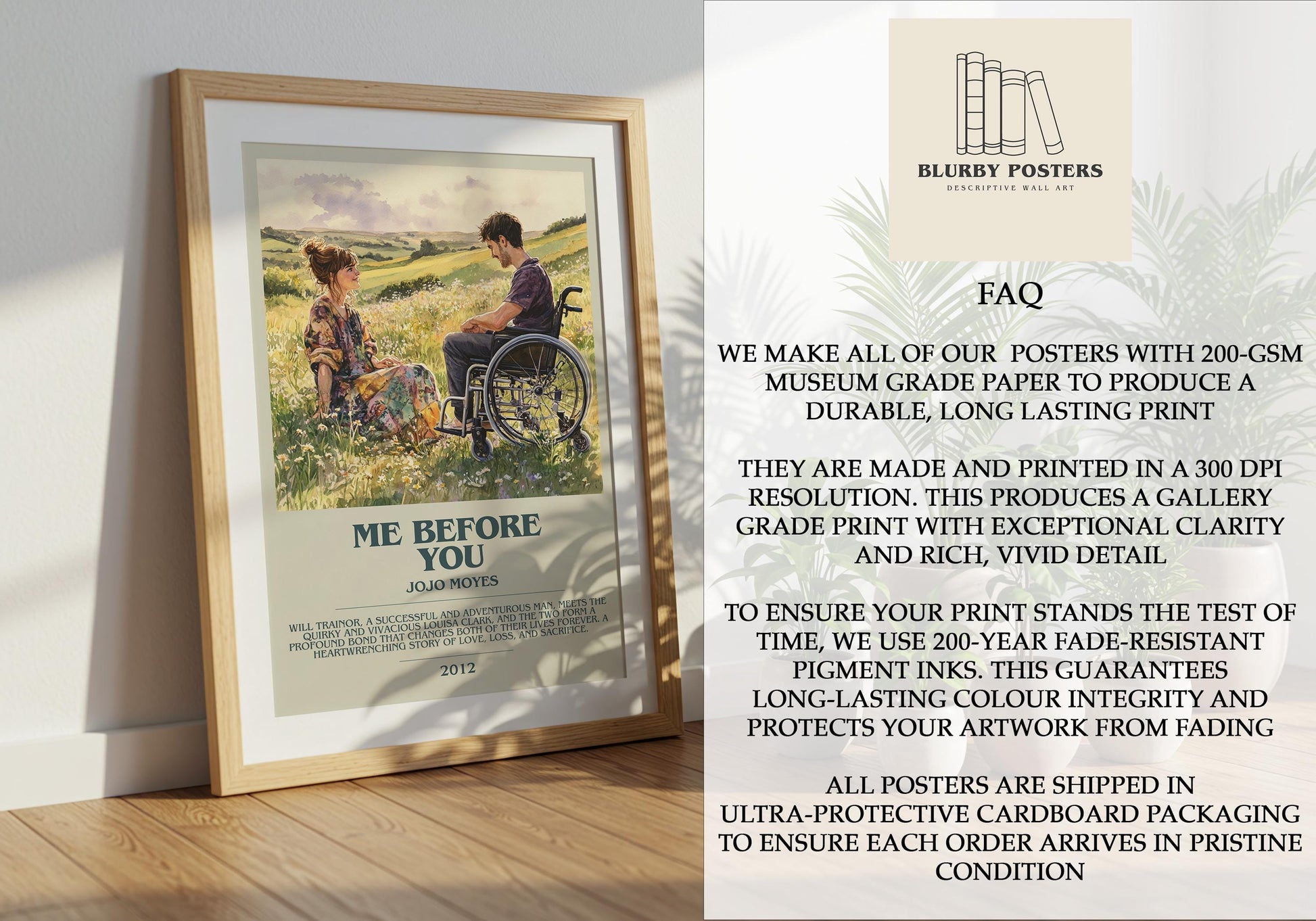 Me Before You by Jojo Moyes Descriptive Poster Print. Free Delivery Wall Art Author & Blurb Book Artwork Novel Modern