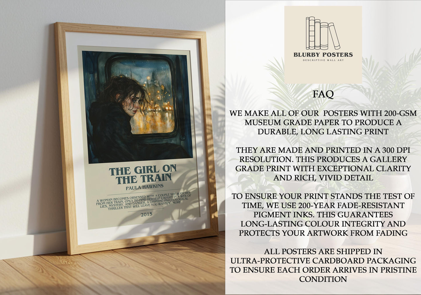 The Girl On The Train by Paula Hawkins Descriptive Poster Print. Free Delivery Wall Art Author & Blurb Book Artwork Novel Modern