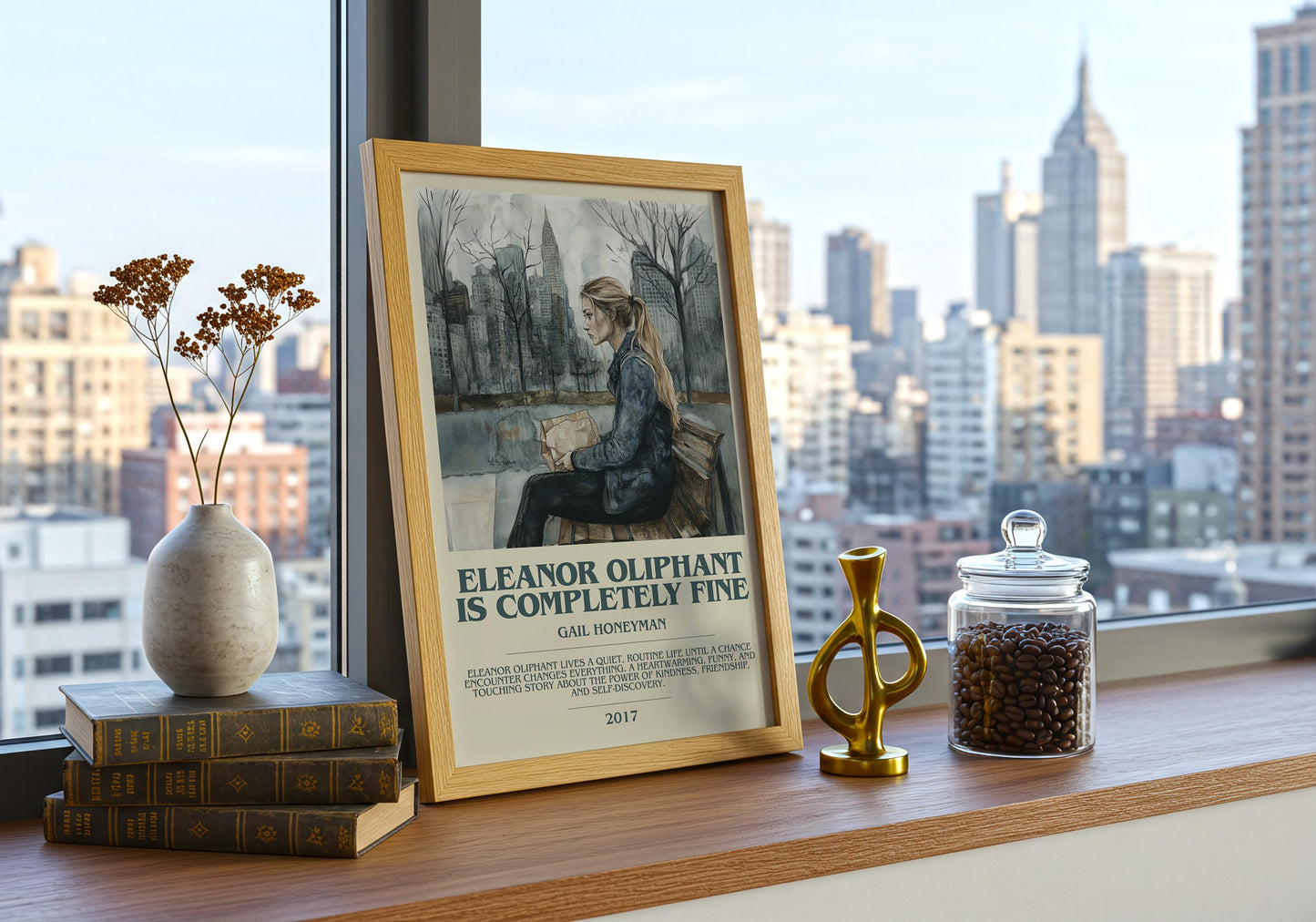 Eleanor Oliphant Is Completely Fine by Gail Honeyman Descriptive Poster Print. Free Delivery Wall Art Author & Blurb Book Artwork Novel
