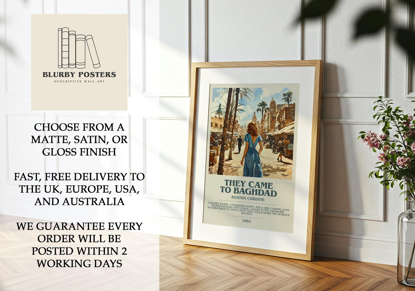 The Came To Baghdad by Agatha Christie Descriptive Poster Print. Free Delivery Wall Art Author & Blurb Book Artwork Novel Gift
