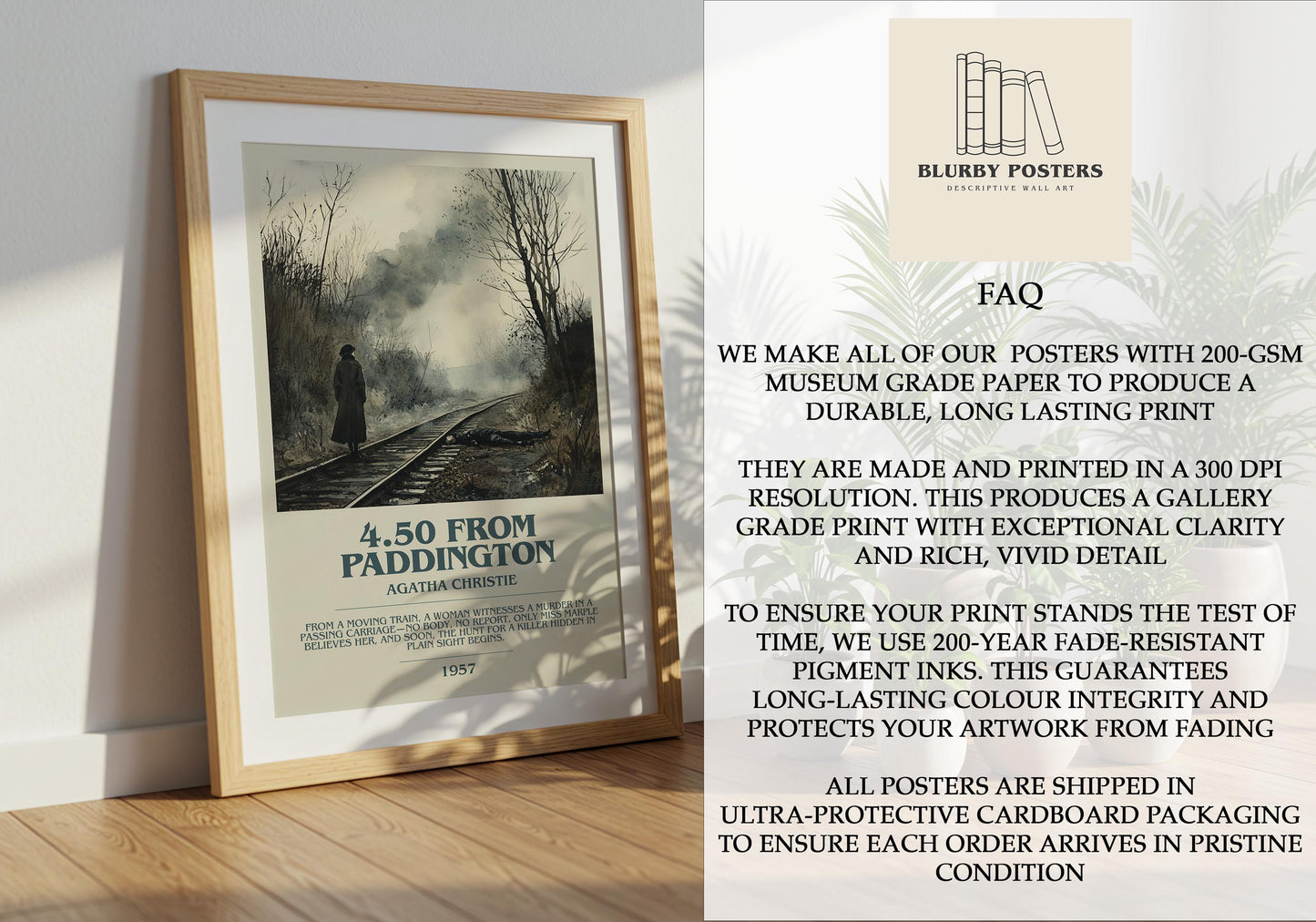4.50 From Paddington by Agatha Christie Descriptive Poster Print. Free Delivery Wall Art Author & Blurb Book Artwork Novel Gift