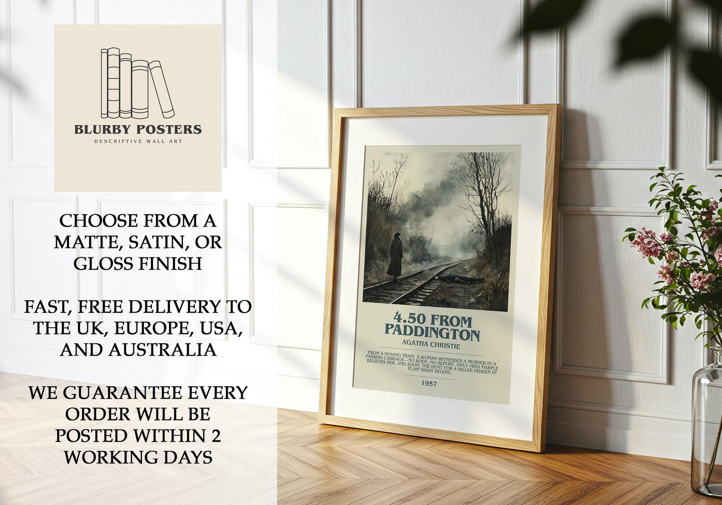 4.50 From Paddington by Agatha Christie Descriptive Poster Print. Free Delivery Wall Art Author & Blurb Book Artwork Novel Gift