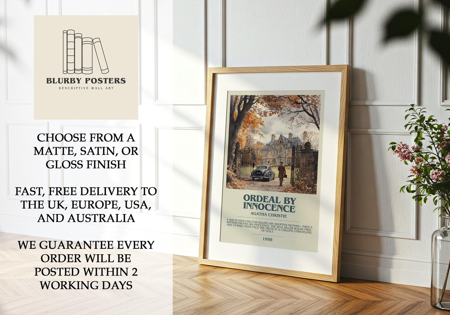 Ordeal By Innocence by Agatha Christie Descriptive Poster Print. Free Delivery Wall Art Author & Blurb Book Artwork Novel Gift