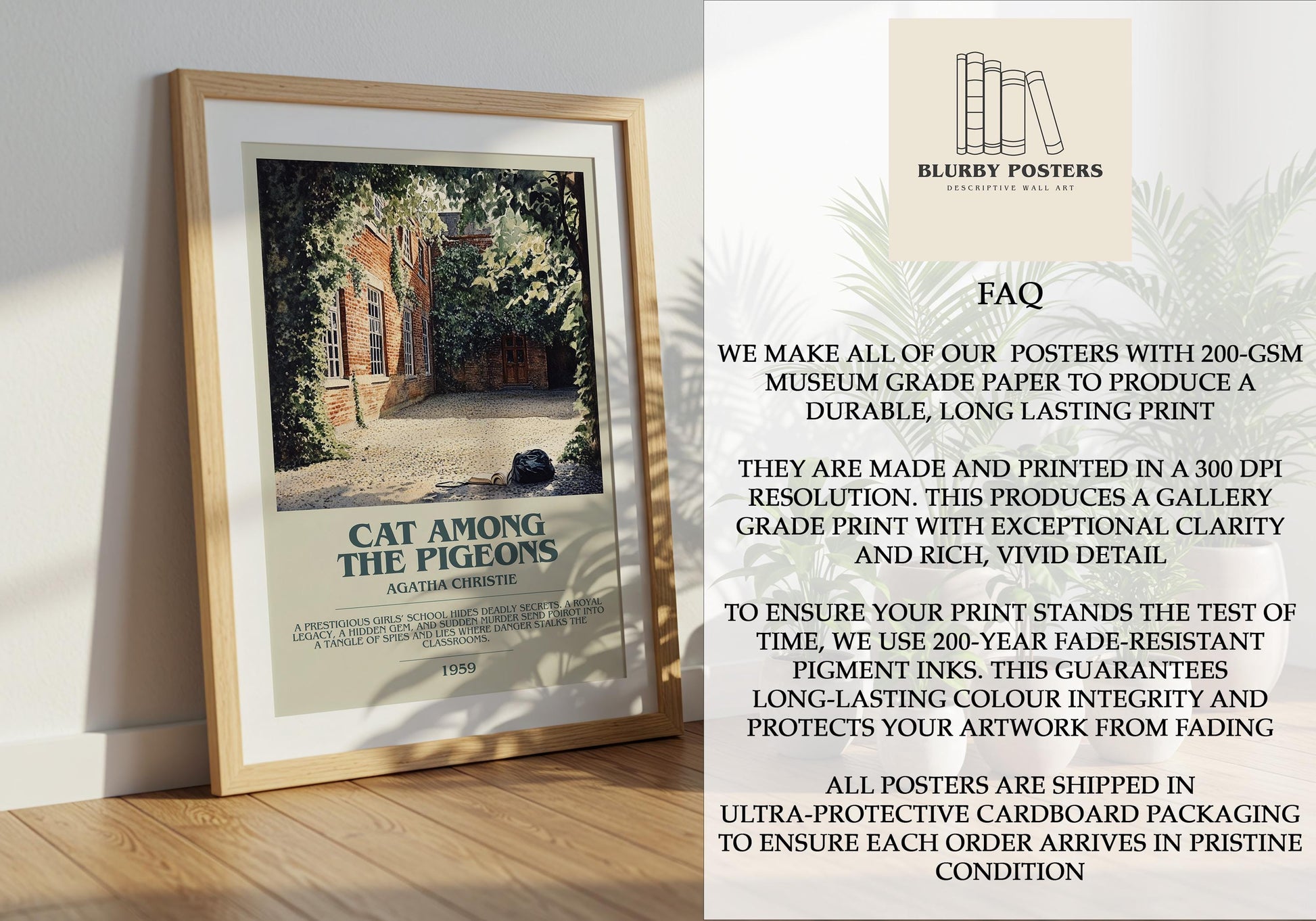 Cat Among The Pigeons by Agatha Christie Descriptive Poster Print. Free Delivery Wall Art Author & Blurb Book Artwork Novel Gift