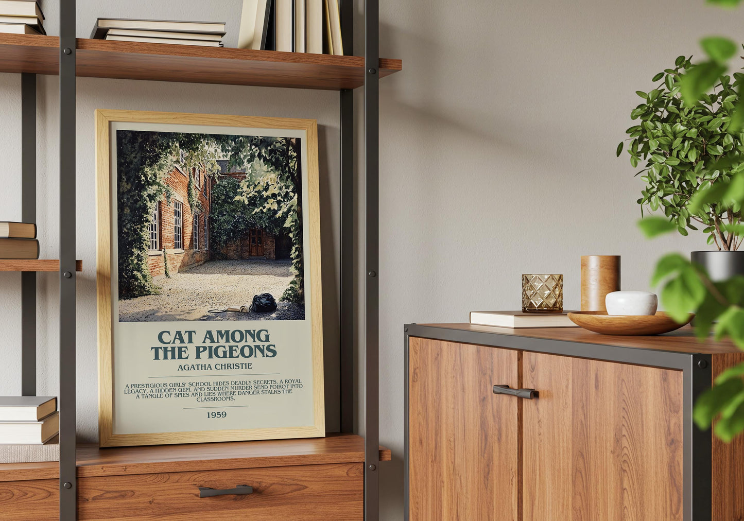 Cat Among The Pigeons by Agatha Christie Descriptive Poster Print. Free Delivery Wall Art Author & Blurb Book Artwork Novel Gift