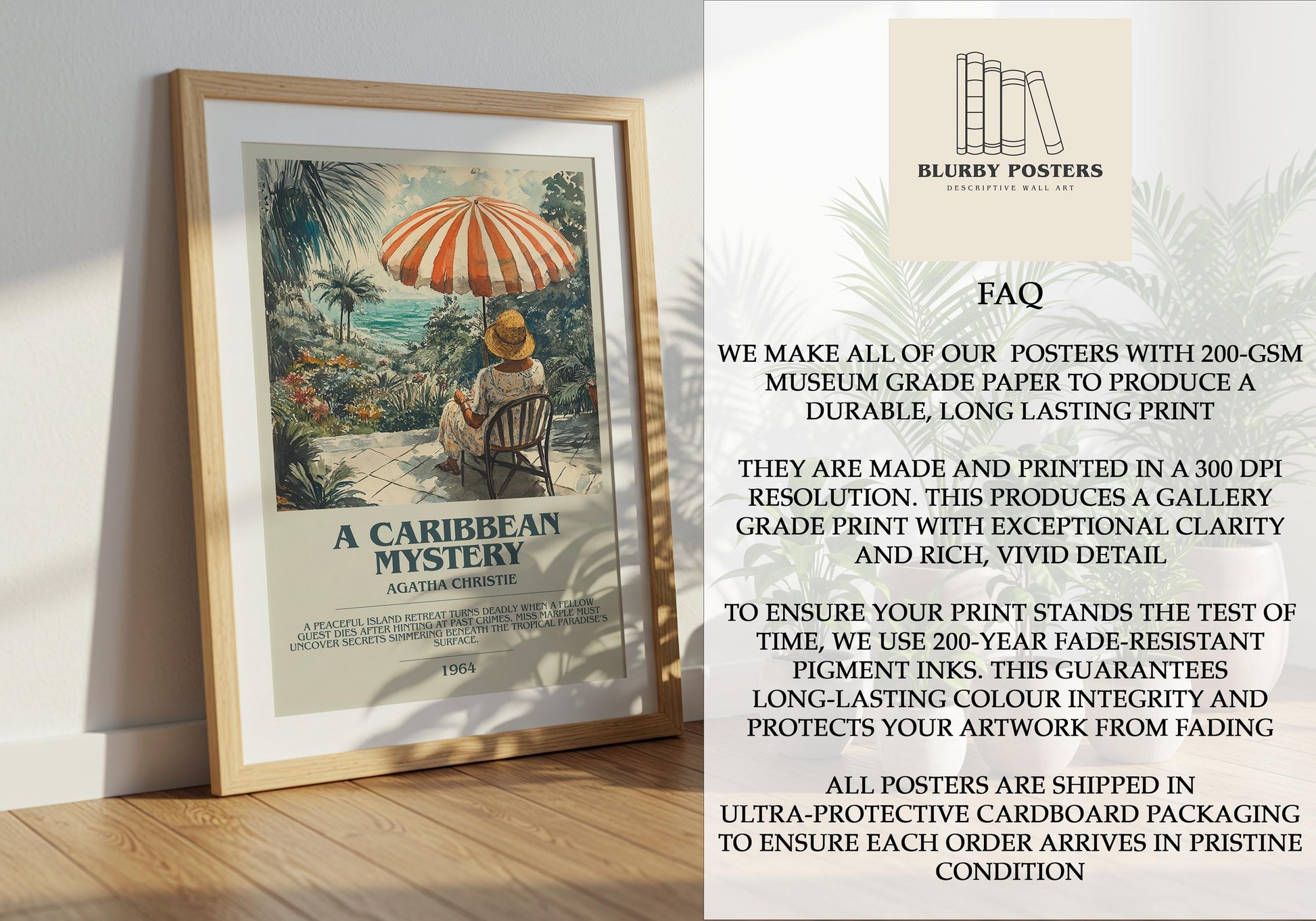A Caribbean Mystery by Agatha Christie Descriptive Poster Print. Free Delivery Wall Art Author & Blurb Book Artwork Novel