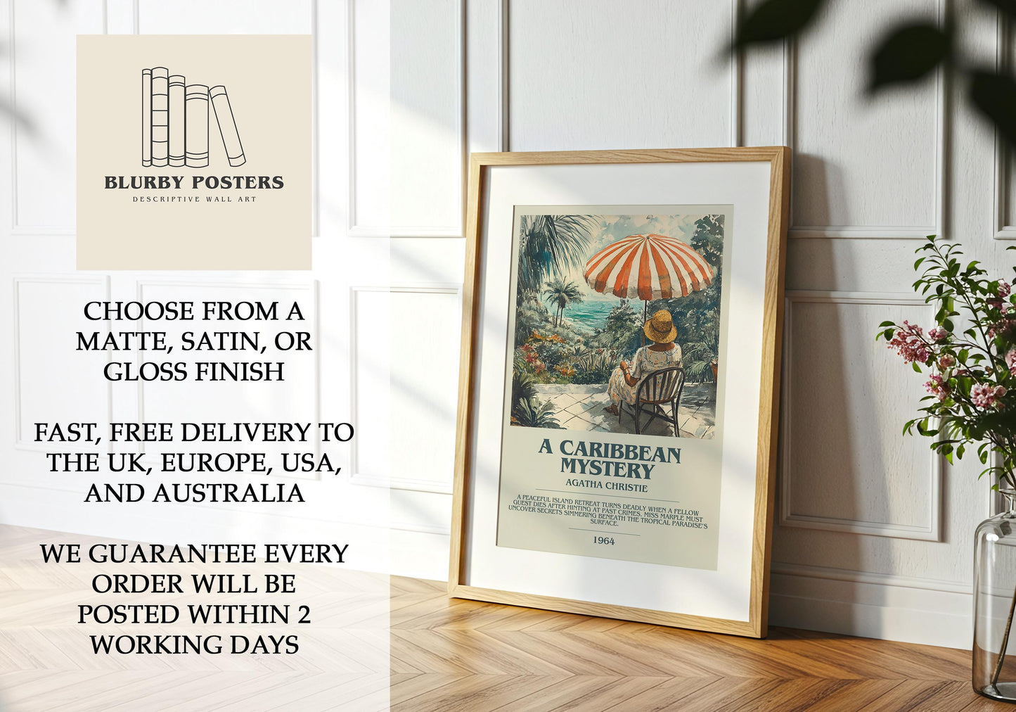 A Caribbean Mystery by Agatha Christie Descriptive Poster Print. Free Delivery Wall Art Author & Blurb Book Artwork Novel