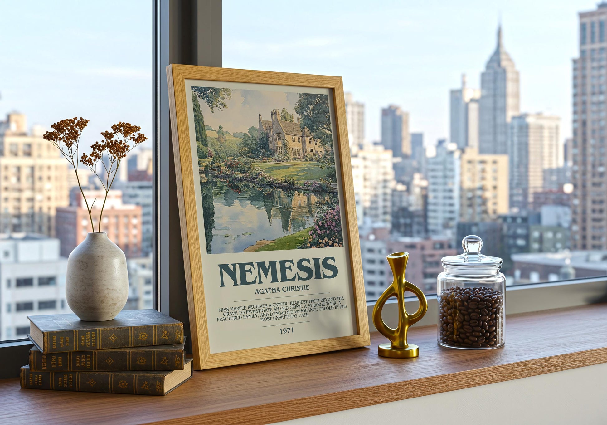 Nemesis by Agatha Christie Descriptive Poster Print. Free Delivery Wall Art Author & Blurb Book Artwork Novel