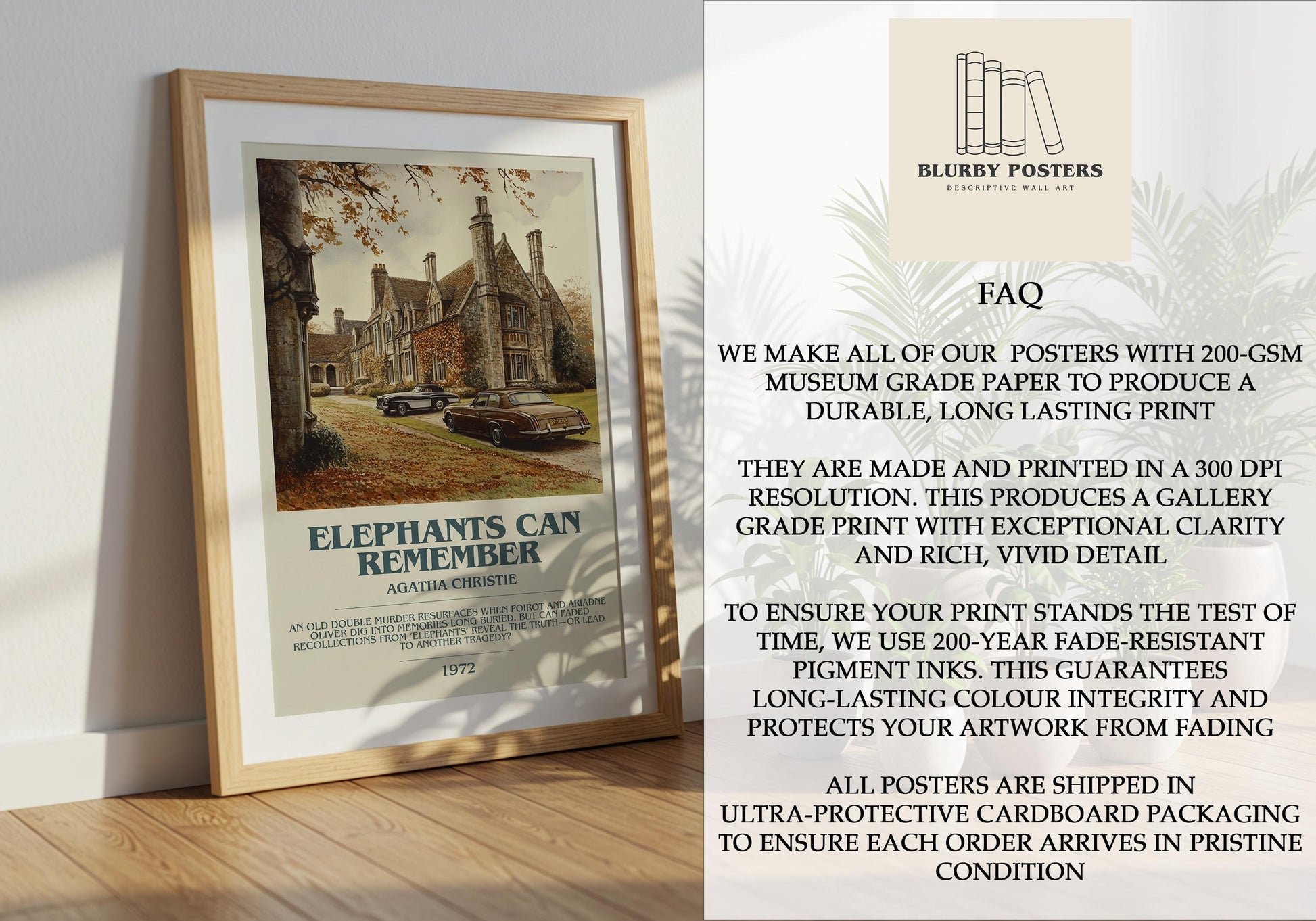Elephants Can Remember by Agatha Christie Descriptive Poster Print. Free Delivery Wall Art Author & Blurb Book Artwork Novel