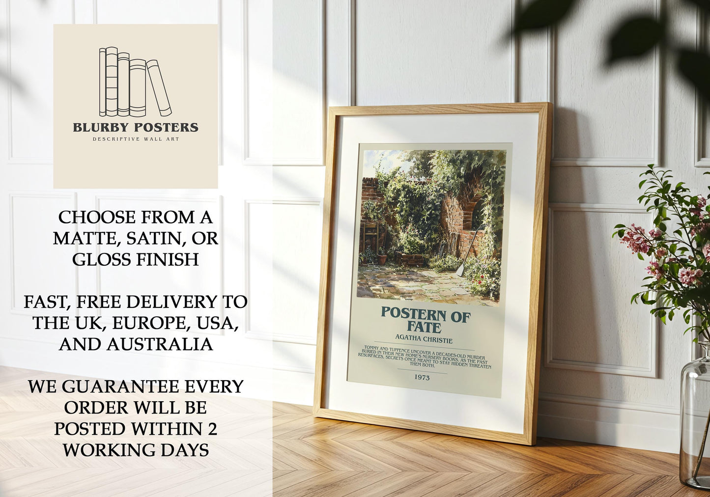 Postern Of Fate by Agatha Christie Descriptive Poster Print. Free Delivery Wall Art Author & Blurb Book Artwork Novel