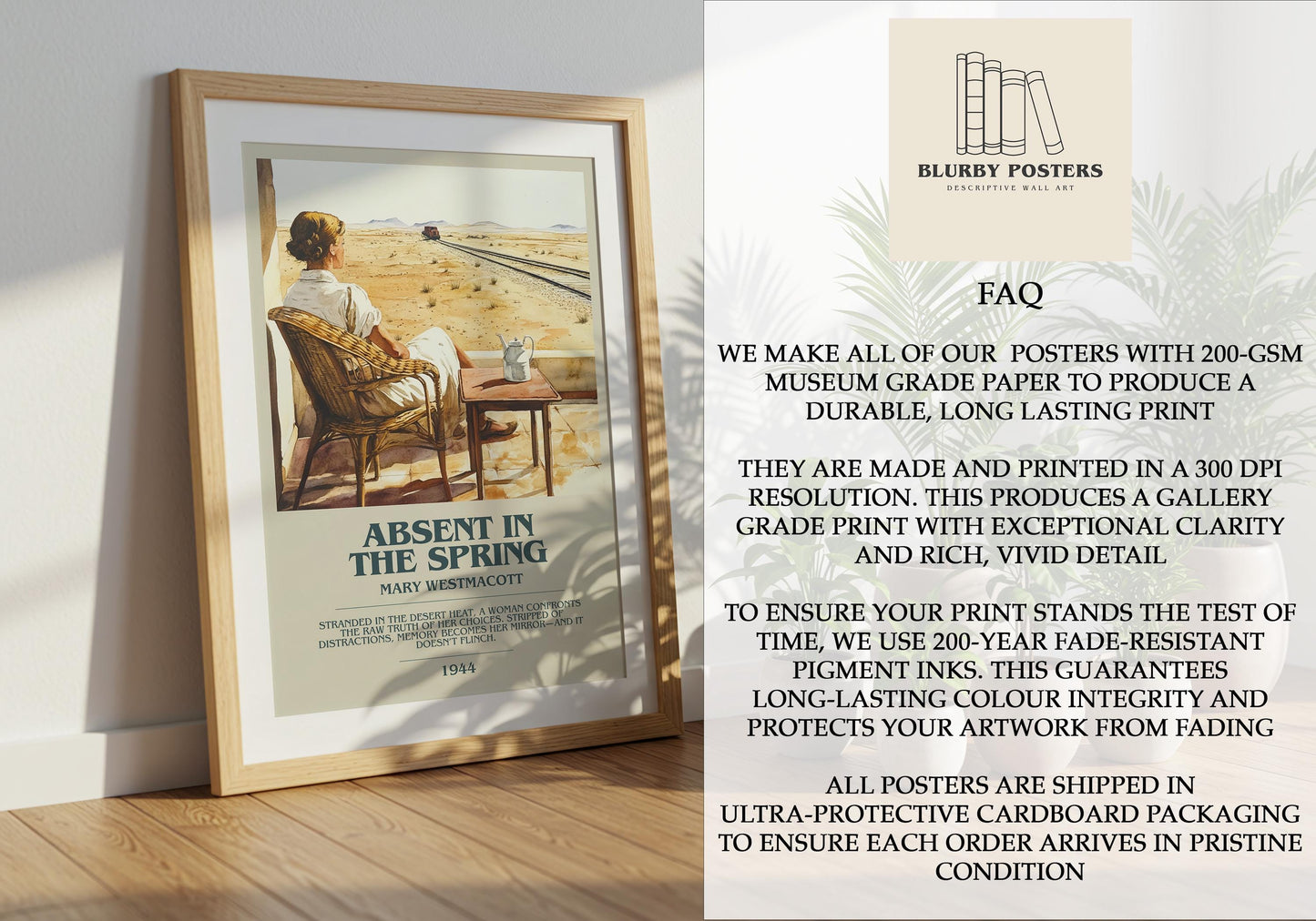 Absent In The Spring by Mary Westmacott Descriptive Poster Print. Free Delivery Wall Art Author & Blurb Book Artwork Novel