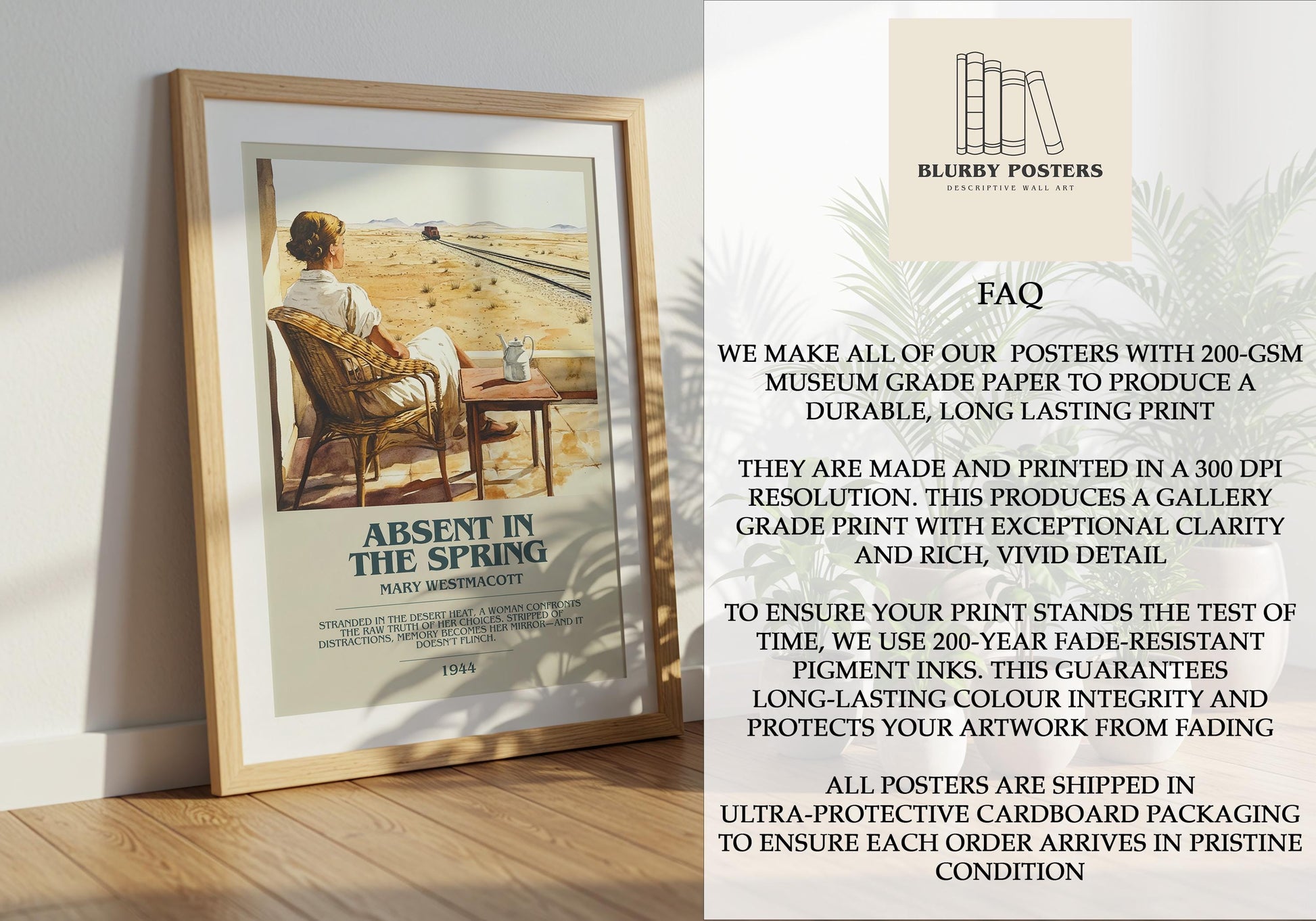Absent In The Spring by Mary Westmacott Descriptive Poster Print. Free Delivery Wall Art Author & Blurb Book Artwork Novel