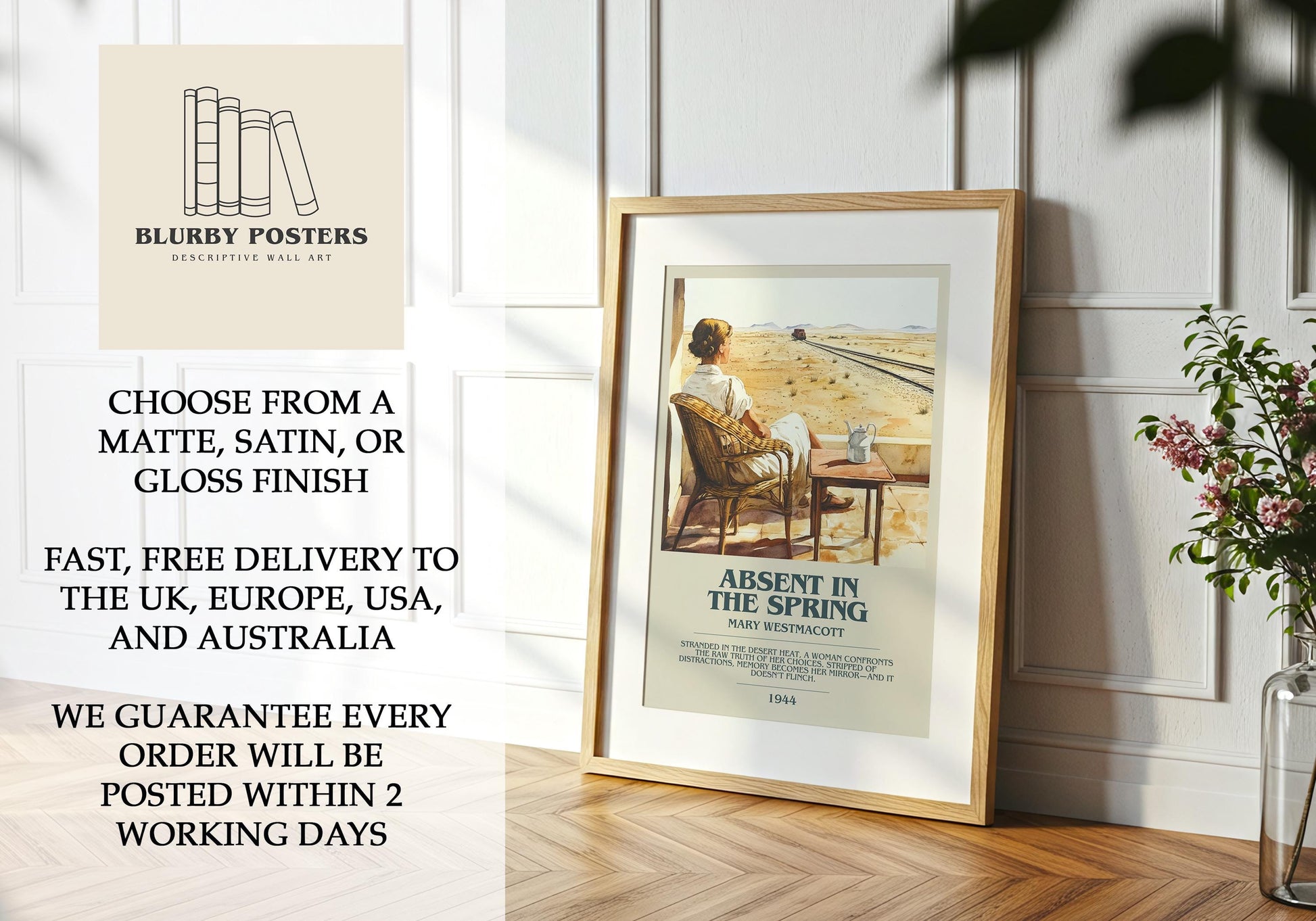 Absent In The Spring by Mary Westmacott Descriptive Poster Print. Free Delivery Wall Art Author & Blurb Book Artwork Novel