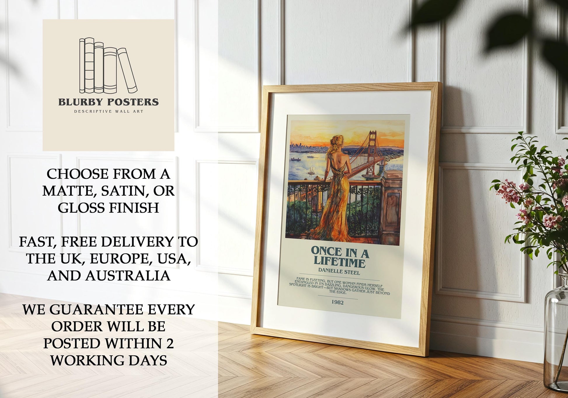 Once In A Lifetime by Danielle Steel Descriptive Poster Print. Free Delivery Wall Art Author & Blurb Book Artwork Novel