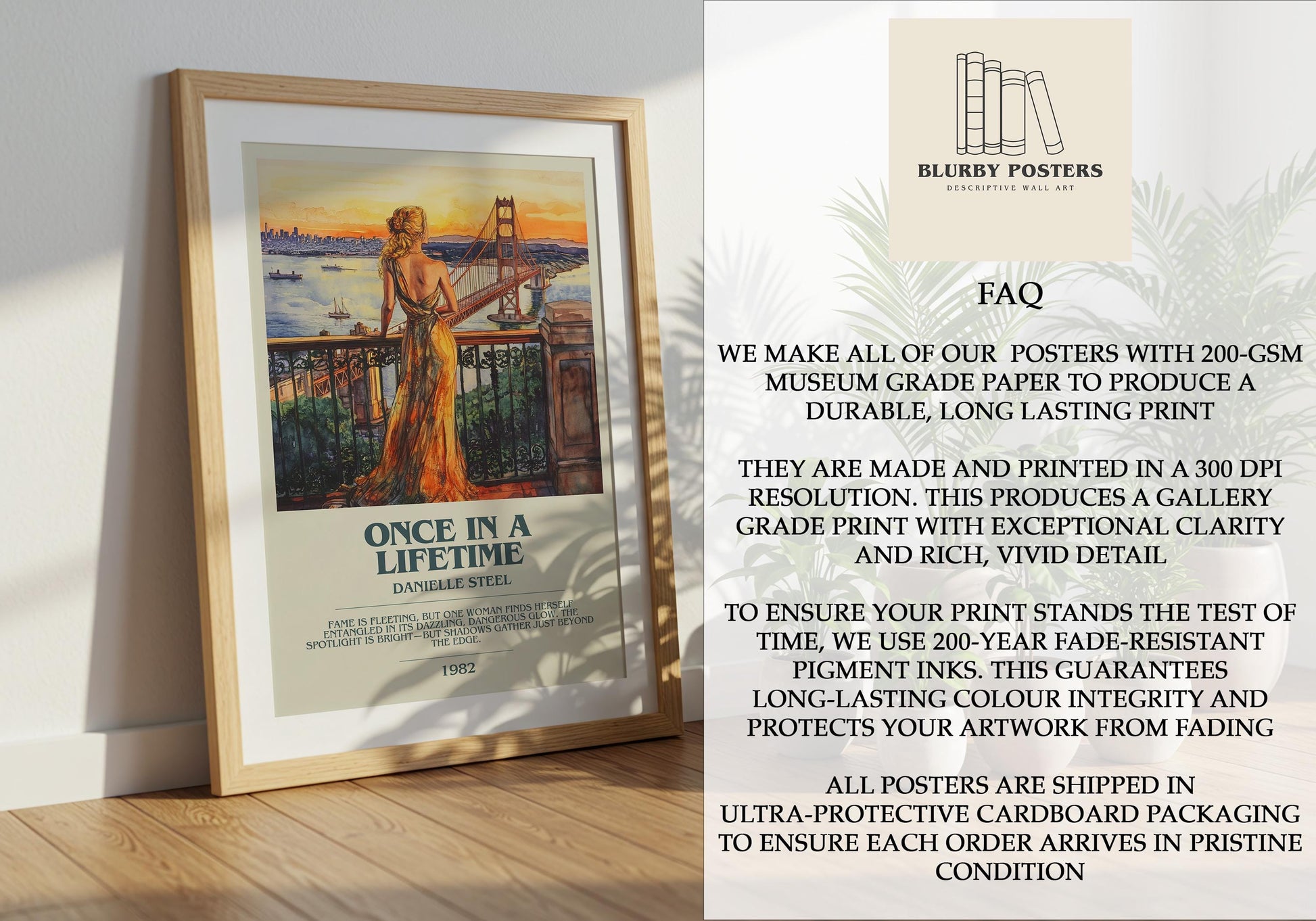Once In A Lifetime by Danielle Steel Descriptive Poster Print. Free Delivery Wall Art Author & Blurb Book Artwork Novel