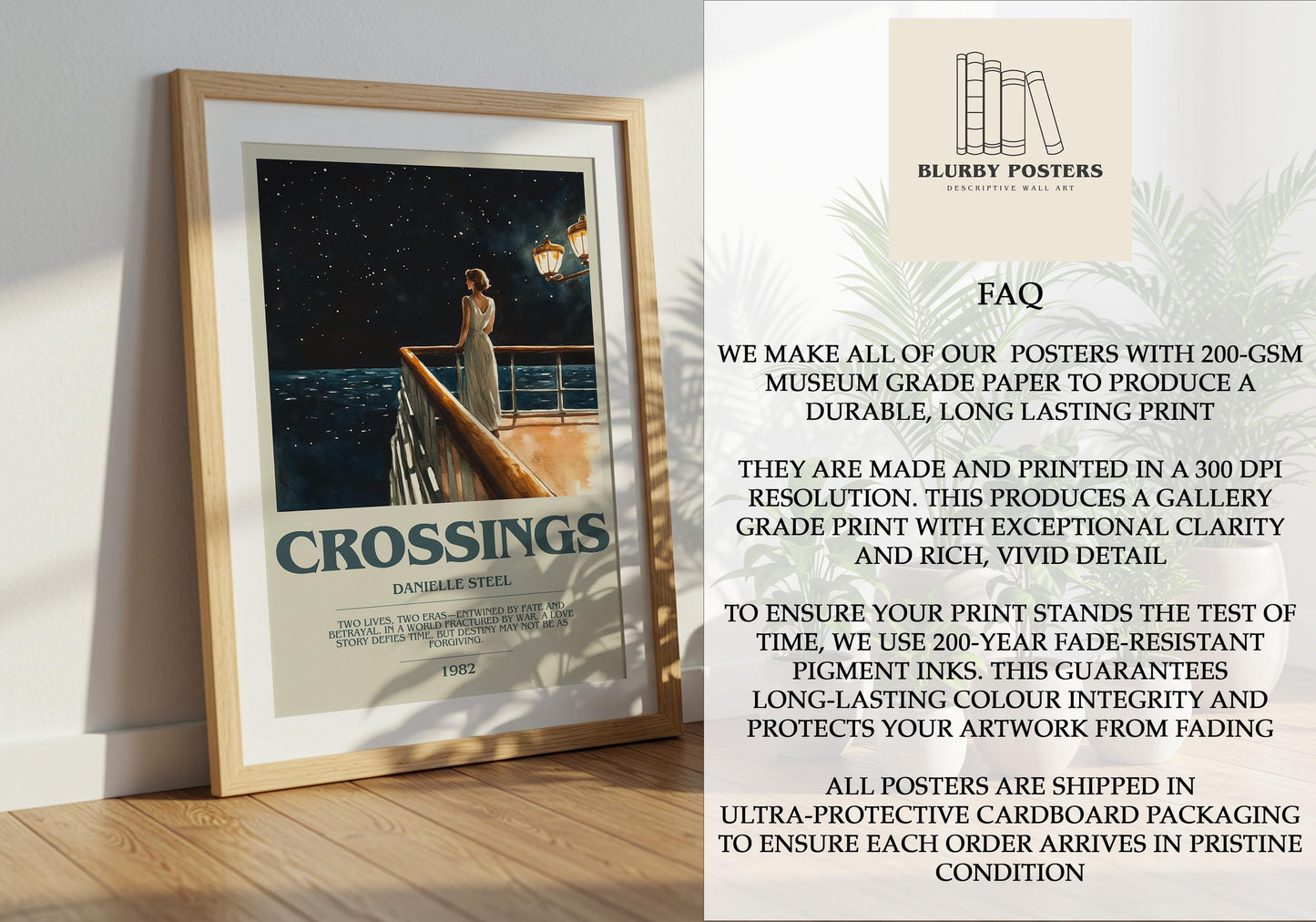 Crossings by Danielle Steel Descriptive Poster Print. Free Delivery Wall Art Author & Blurb Book Artwork Novel