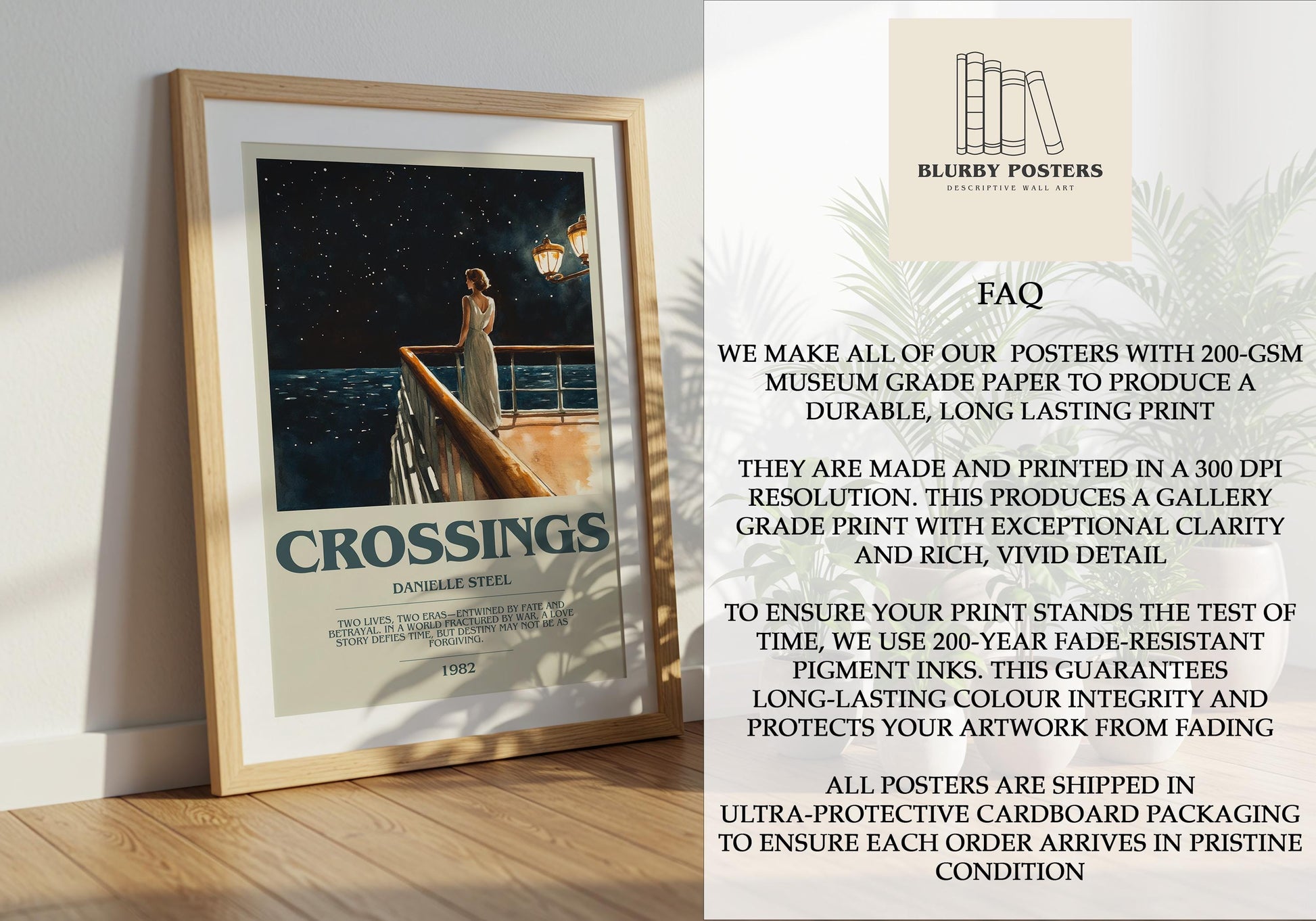 Crossings by Danielle Steel Descriptive Poster Print. Free Delivery Wall Art Author & Blurb Book Artwork Novel