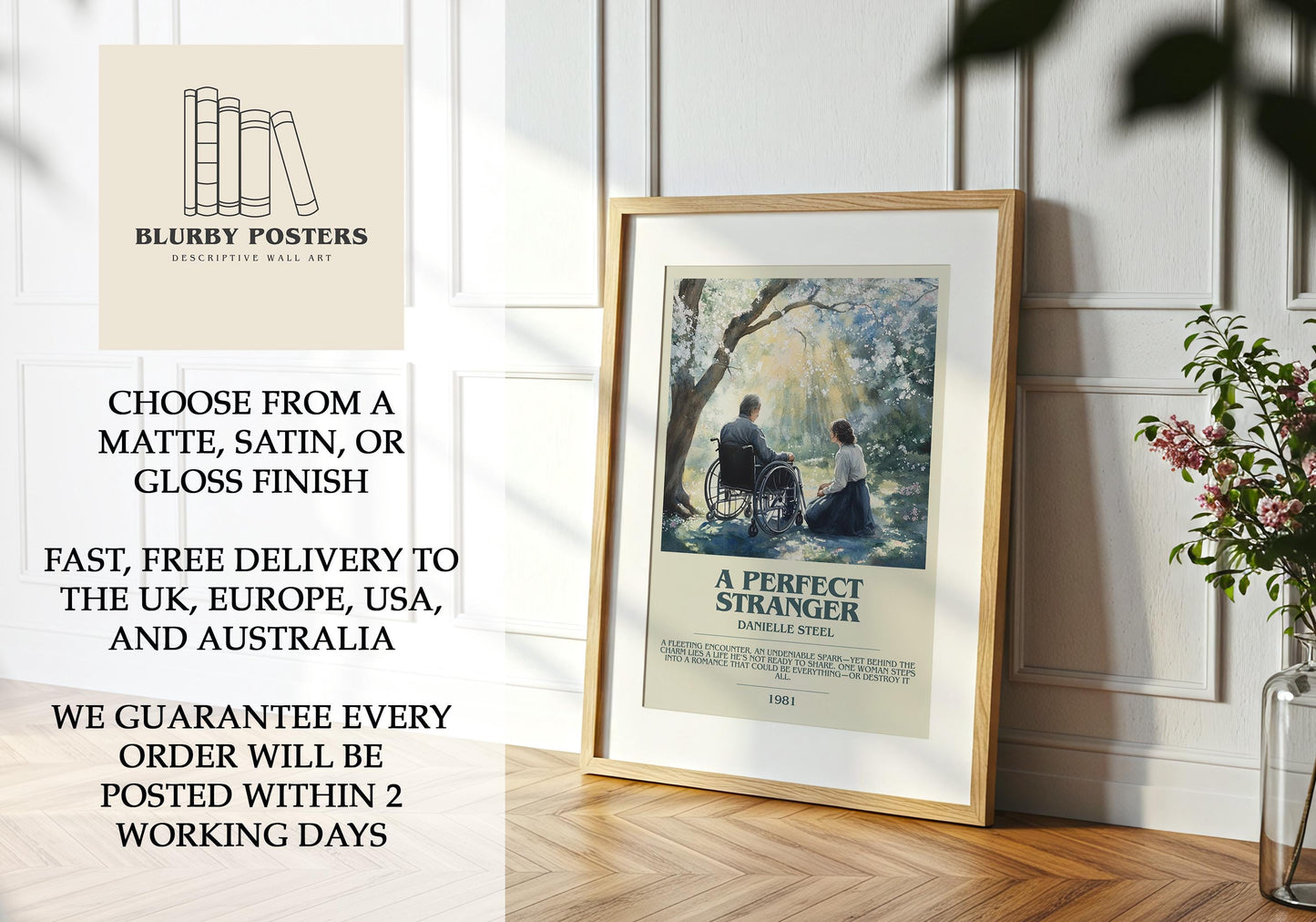 A Perfect Stranger by Danielle Steel Descriptive Poster Print. Free Delivery Wall Art Author & Blurb Book Artwork Novel