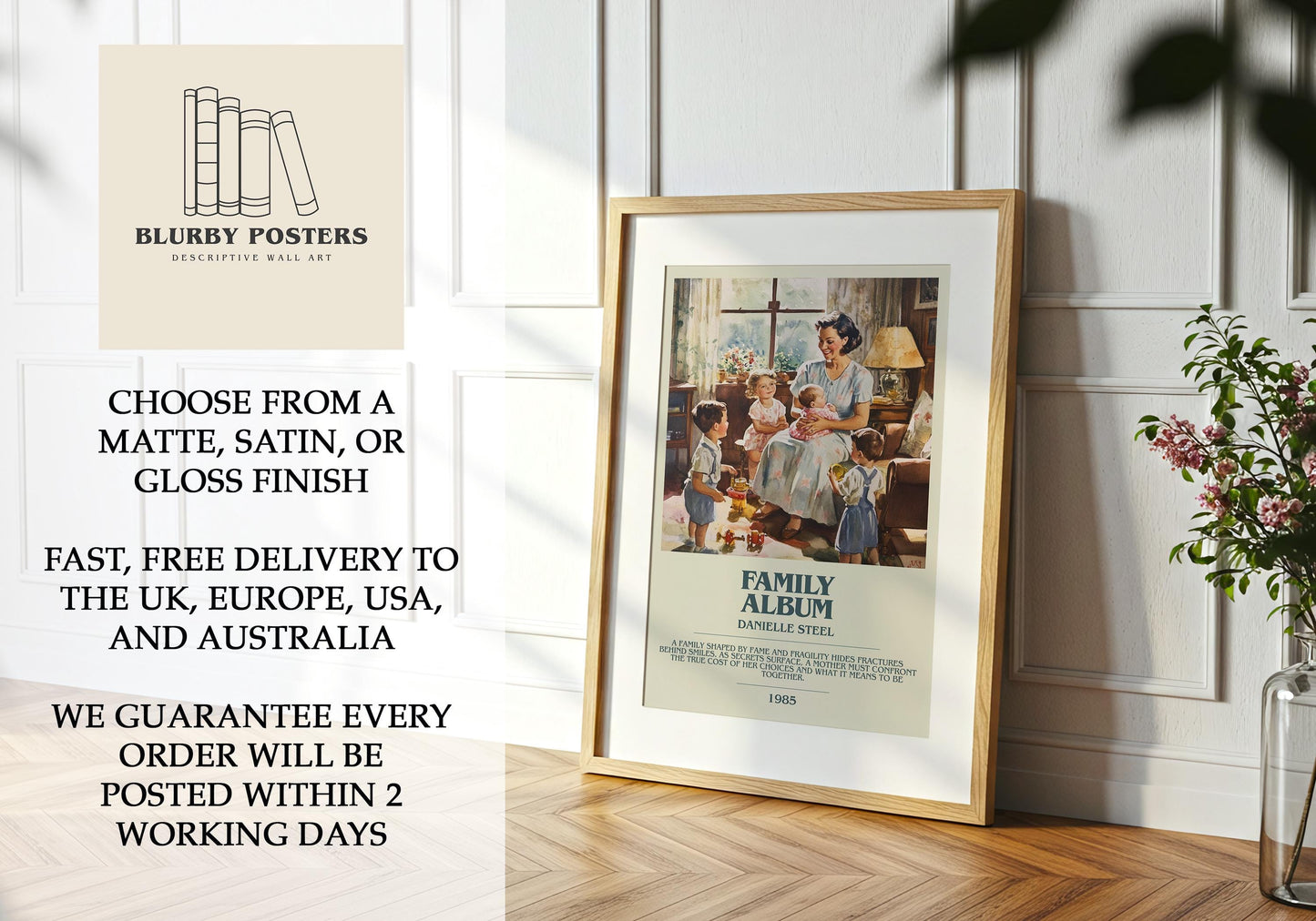 Family Album by Danielle Steel Descriptive Poster Print. Free Delivery Wall Art Author & Blurb Book Artwork Novel
