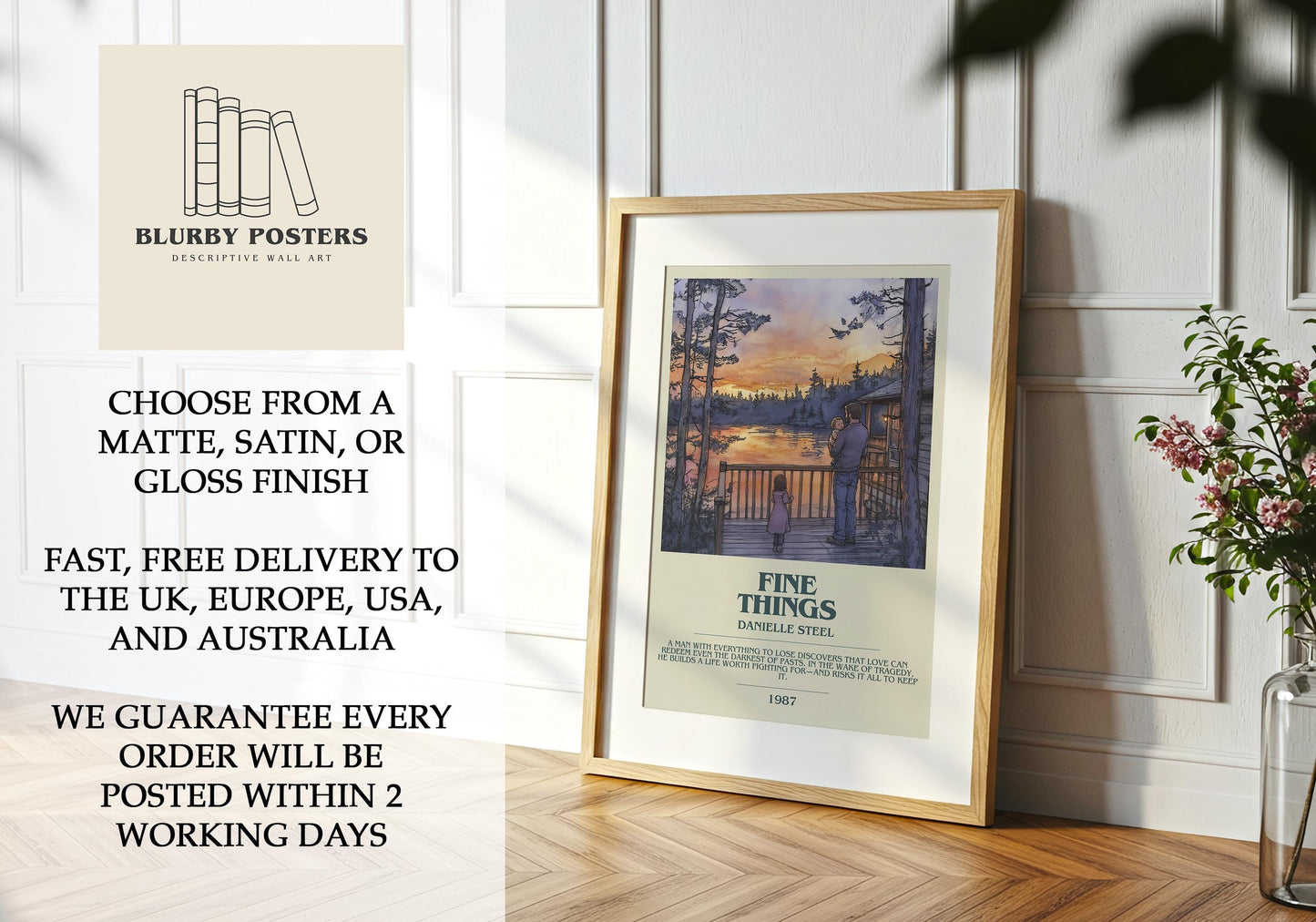 Fine Things by Danielle Steel Descriptive Poster Print. Free Delivery Wall Art Author & Blurb Book Artwork Novel