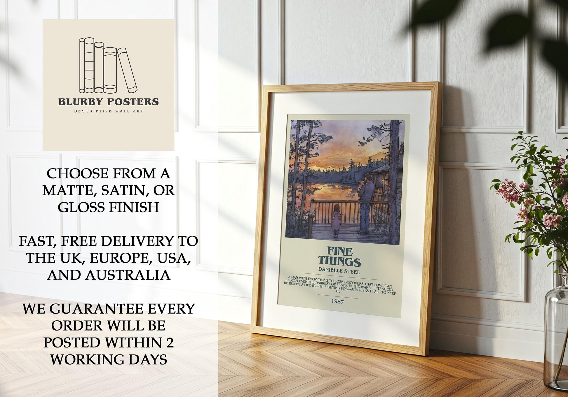 Fine Things by Danielle Steel Descriptive Poster Print. Free Delivery Wall Art Author & Blurb Book Artwork Novel