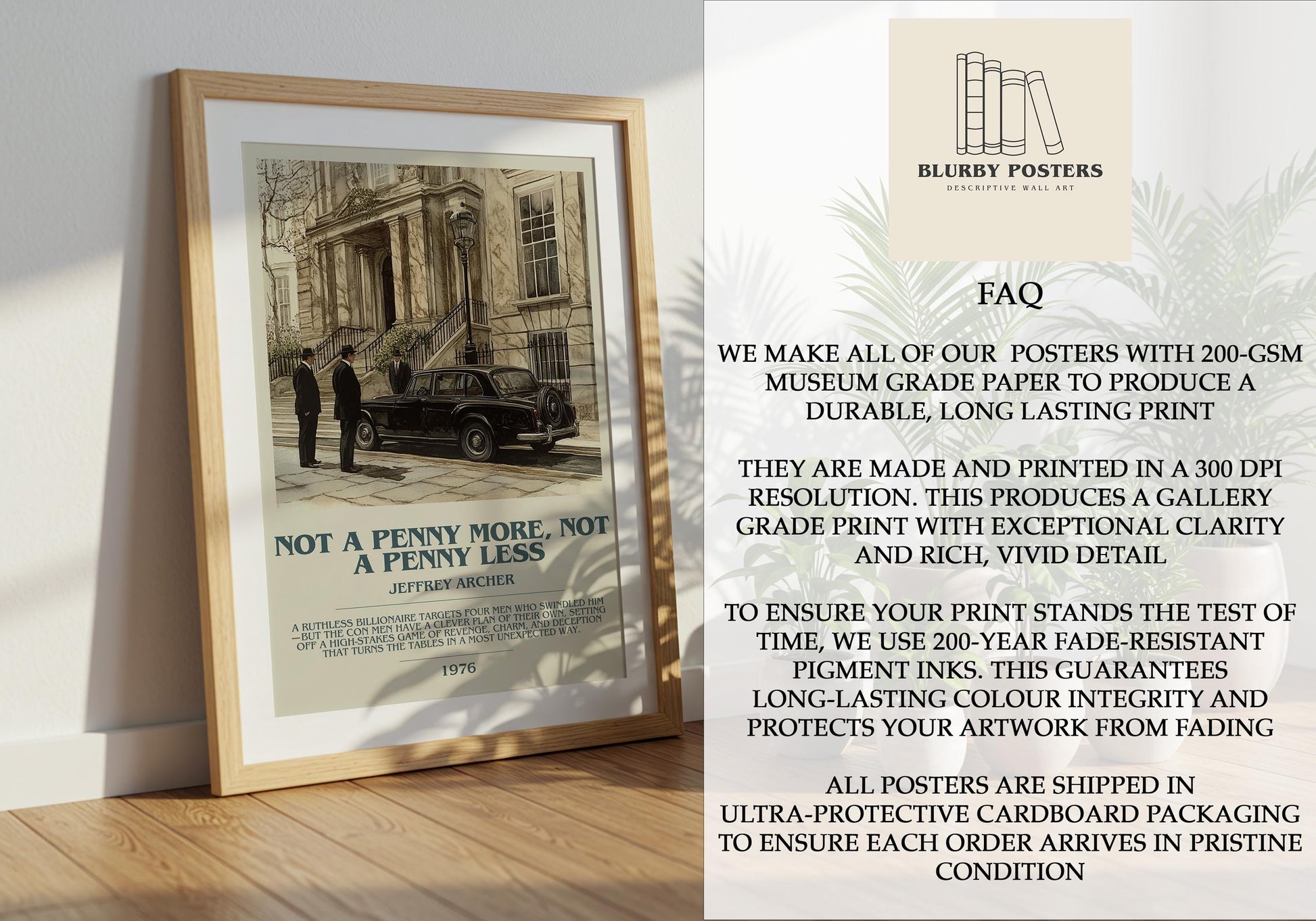 Not A Penny More, Not A Penny Less by Jeffrey Archer Descriptive Poster Print. Free Delivery Wall Art Author & Blurb Book Artwork Novel