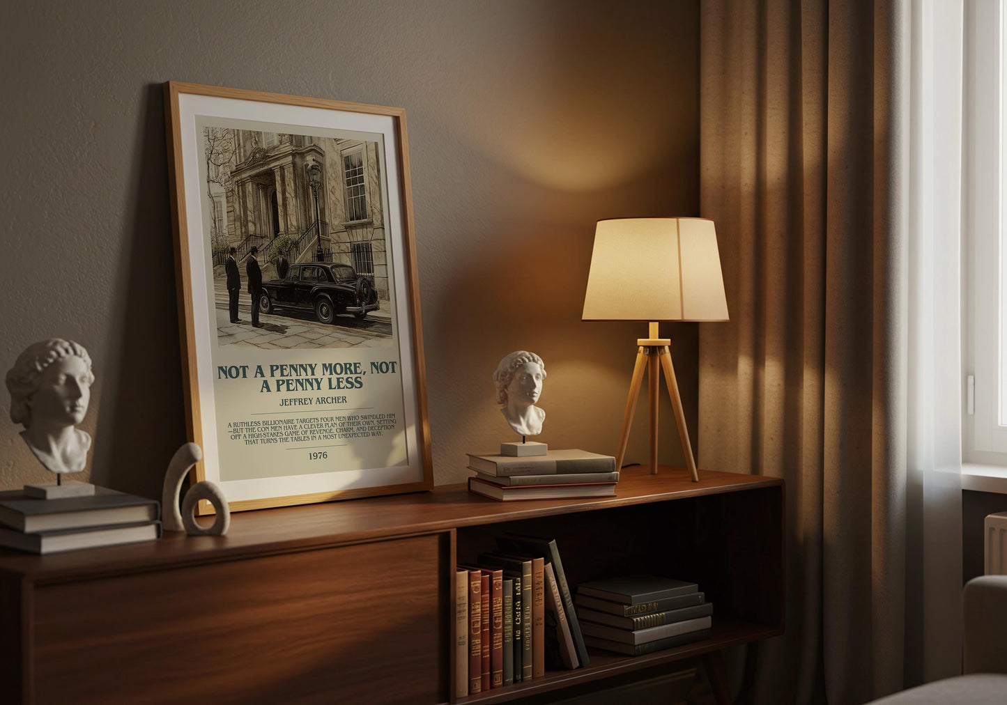 Not A Penny More, Not A Penny Less by Jeffrey Archer Descriptive Poster Print. Free Delivery Wall Art Author & Blurb Book Artwork Novel