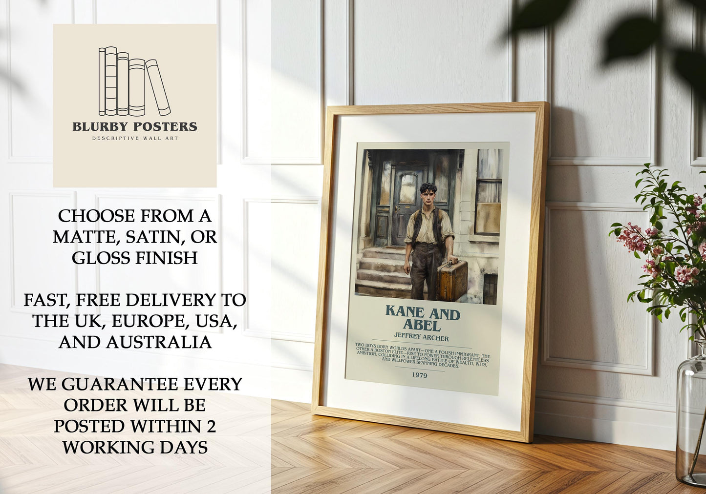 Kane and Abel by Jeffrey Archer Descriptive Poster Print. Free Delivery Wall Art Author & Blurb Book Artwork Novel