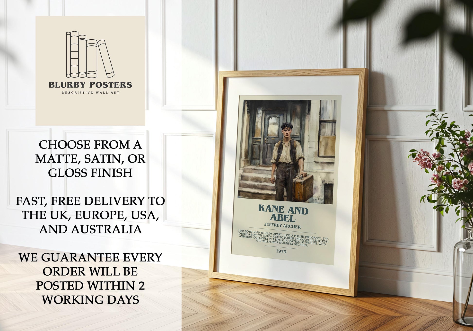Kane and Abel by Jeffrey Archer Descriptive Poster Print. Free Delivery Wall Art Author & Blurb Book Artwork Novel