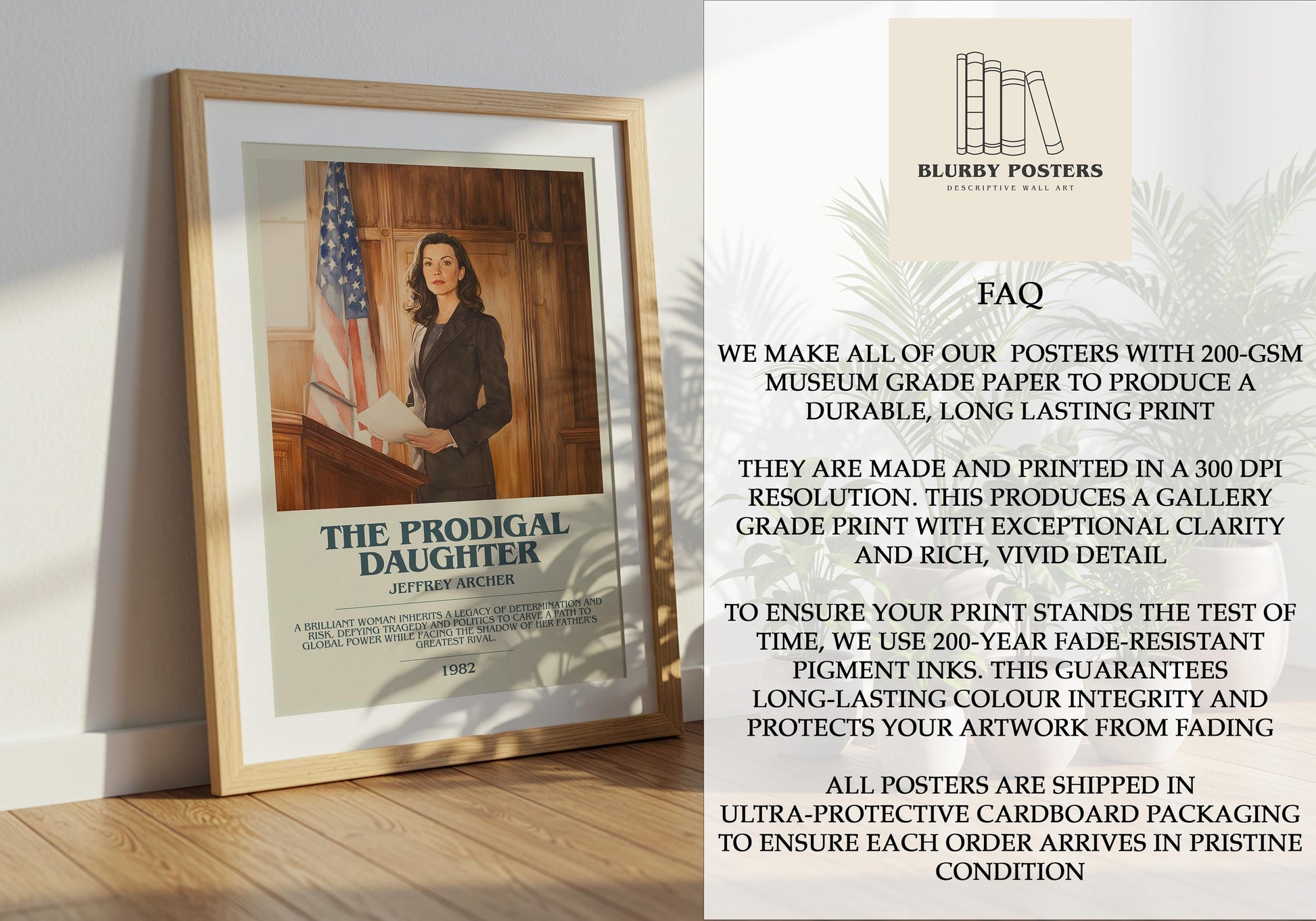 The Prodigal Daughter by Jeffrey Archer Descriptive Poster Print. Free Delivery Wall Art Author & Blurb Book Artwork Novel