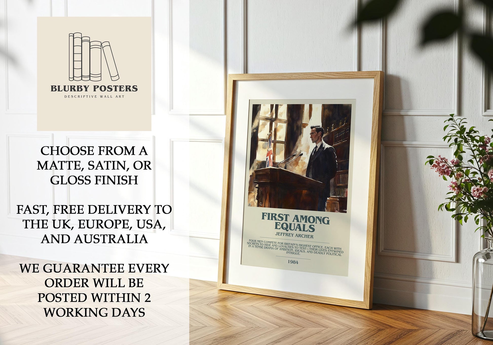 First Among Equals by Jeffrey Archer Descriptive Poster Print. Free Delivery Wall Art Author & Blurb Book Artwork Novel