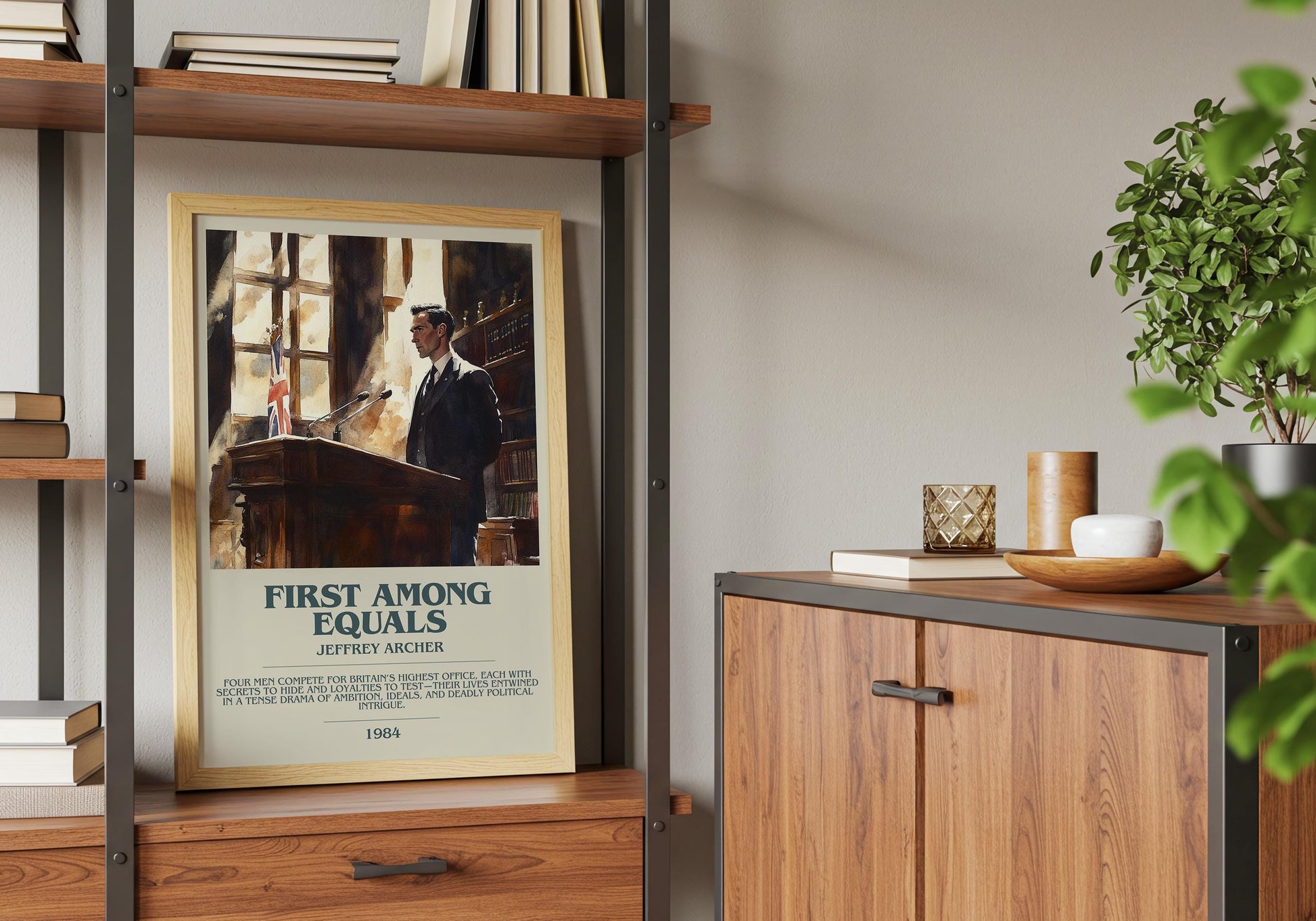 First Among Equals by Jeffrey Archer Descriptive Poster Print. Free Delivery Wall Art Author & Blurb Book Artwork Novel