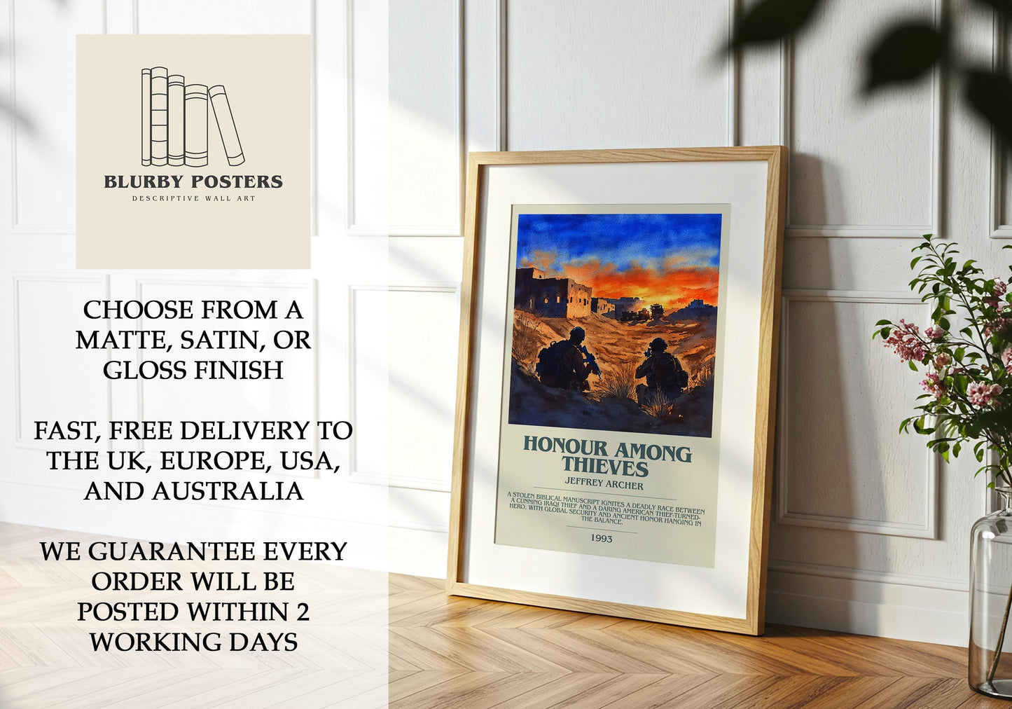 Honour Among Thieves by Jeffrey Archer Descriptive Poster Print. Free Delivery Wall Art Author & Blurb Book Artwork Novel