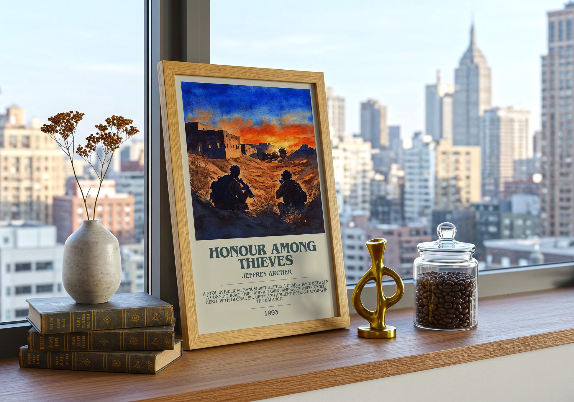 Honour Among Thieves by Jeffrey Archer Descriptive Poster Print. Free Delivery Wall Art Author & Blurb Book Artwork Novel