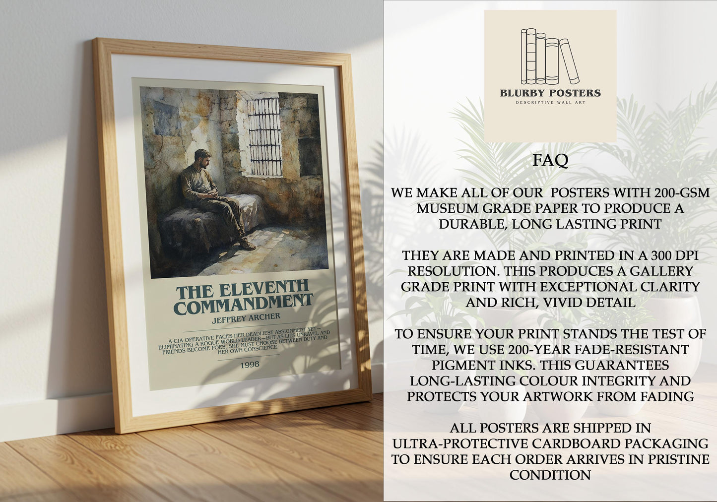 The Eleventh Commandment by Jeffrey Archer Descriptive Poster Print. Free Delivery Wall Art Author & Blurb Book Artwork Novel