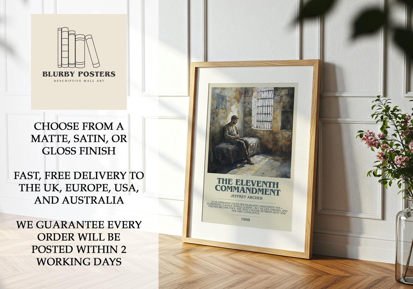 The Eleventh Commandment by Jeffrey Archer Descriptive Poster Print. Free Delivery Wall Art Author & Blurb Book Artwork Novel