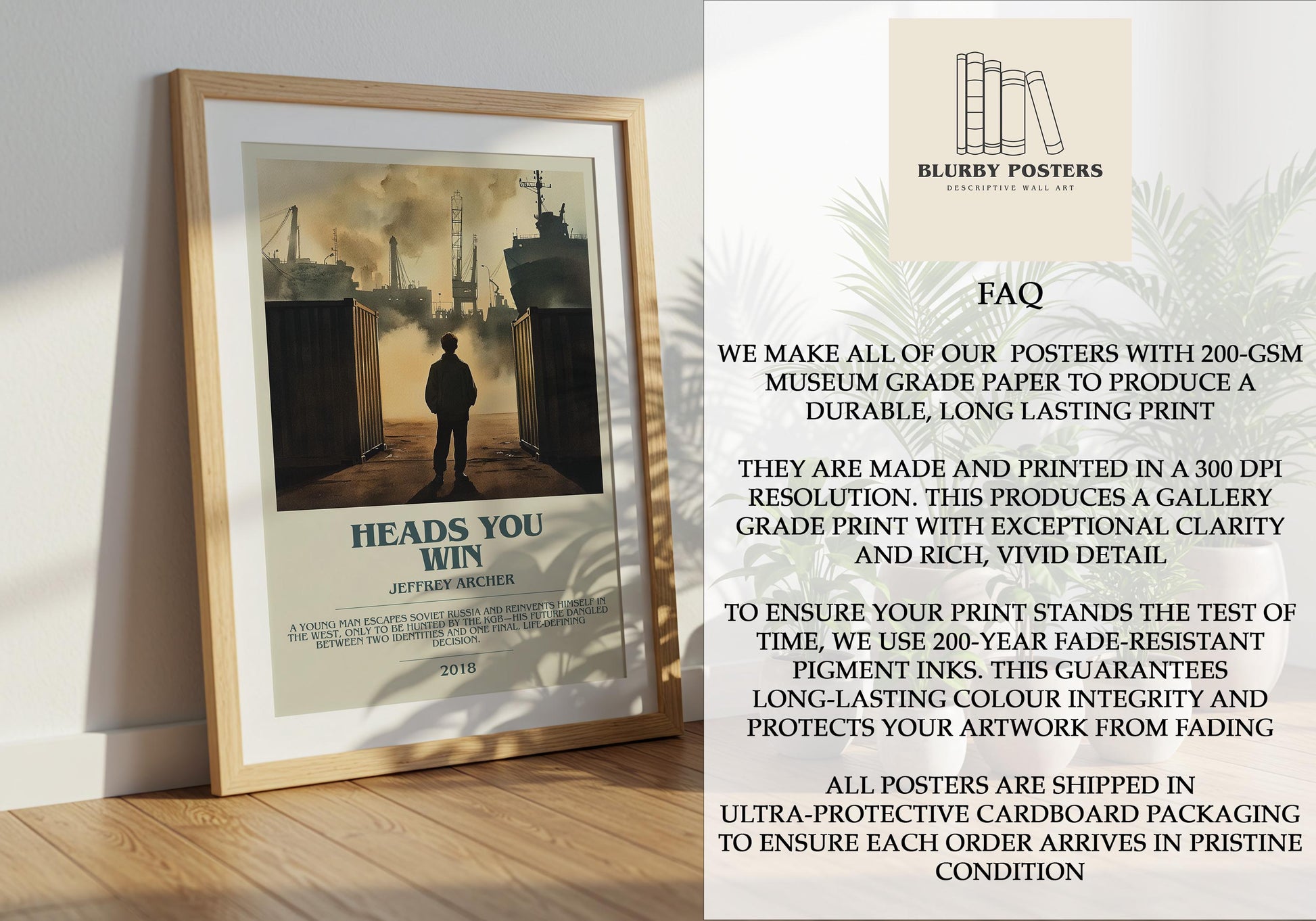 Heads You Win by Jeffrey Archer Descriptive Poster Print. Free Delivery Wall Art Author & Blurb Book Artwork Novel