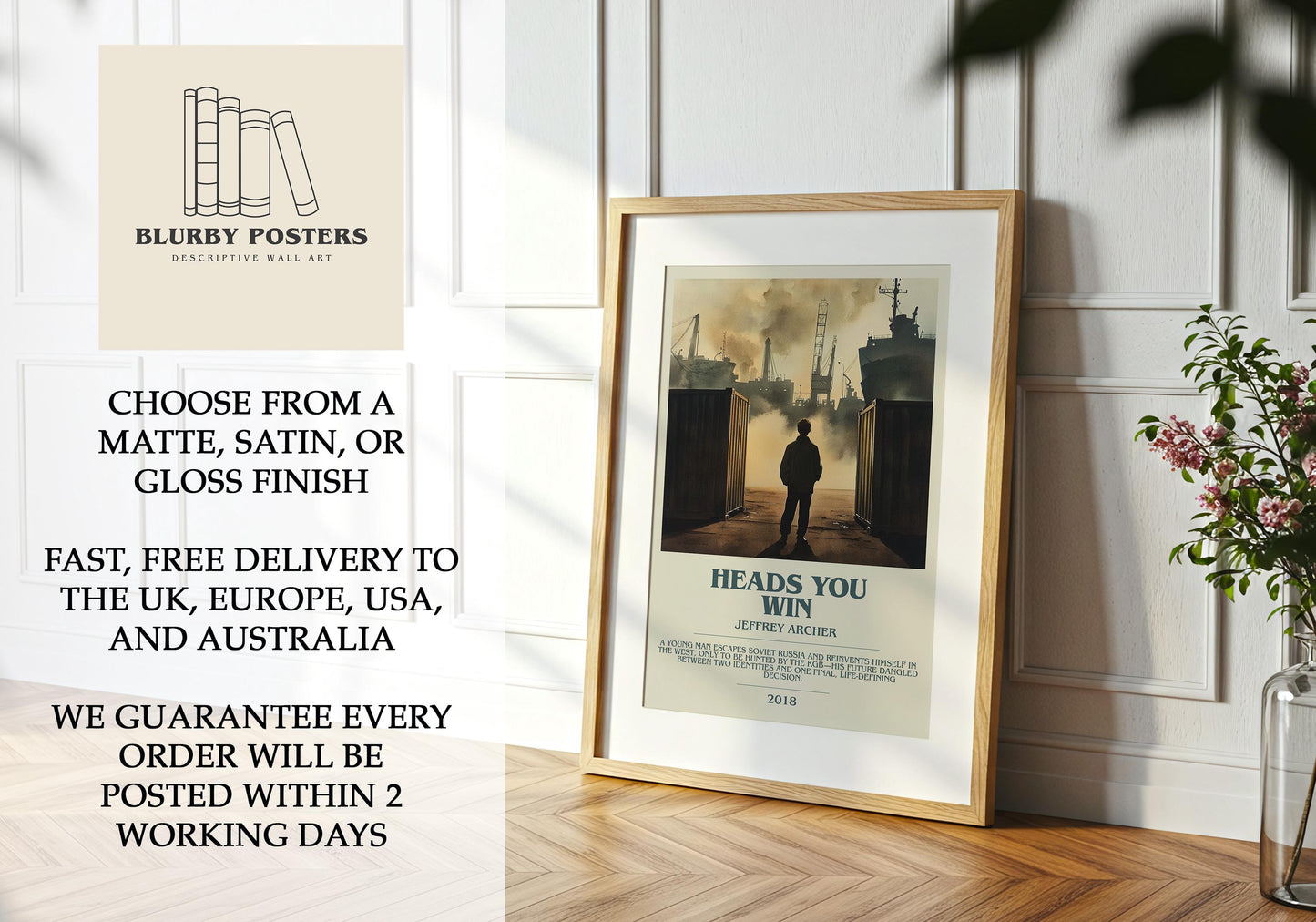 Heads You Win by Jeffrey Archer Descriptive Poster Print. Free Delivery Wall Art Author & Blurb Book Artwork Novel