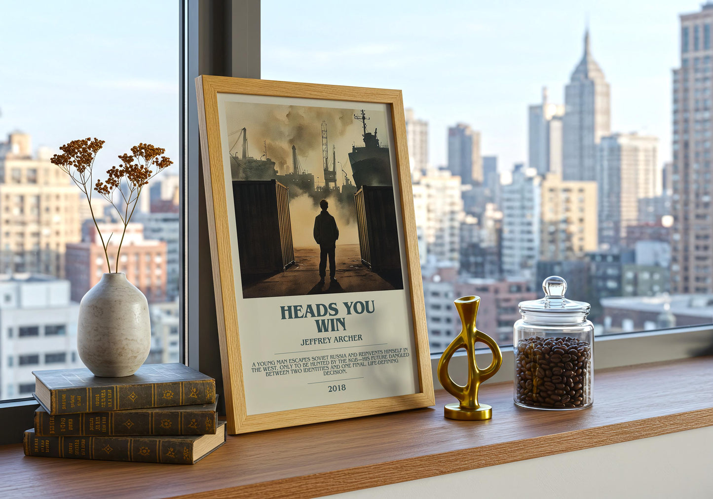 Heads You Win by Jeffrey Archer Descriptive Poster Print. Free Delivery Wall Art Author & Blurb Book Artwork Novel