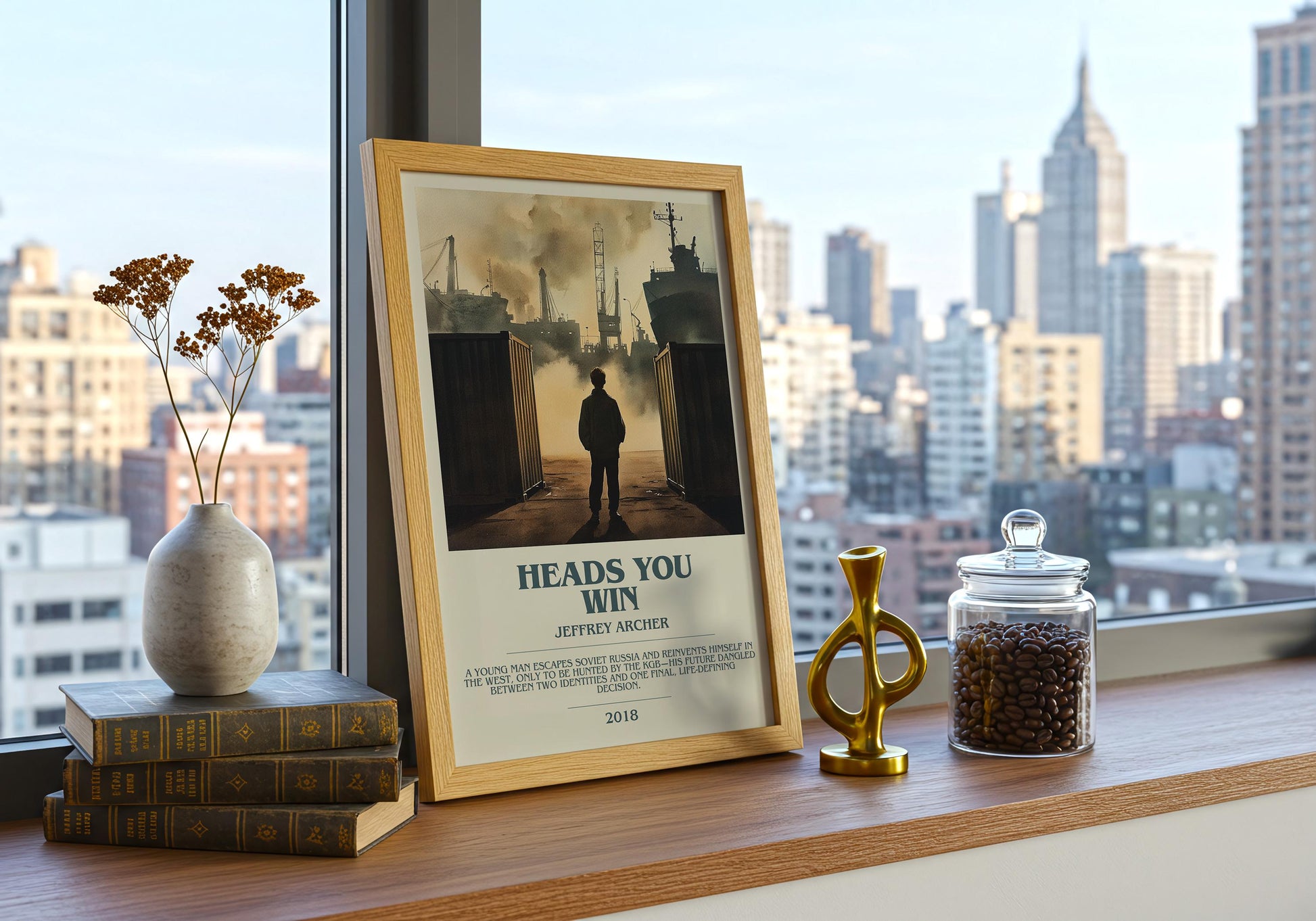 Heads You Win by Jeffrey Archer Descriptive Poster Print. Free Delivery Wall Art Author & Blurb Book Artwork Novel