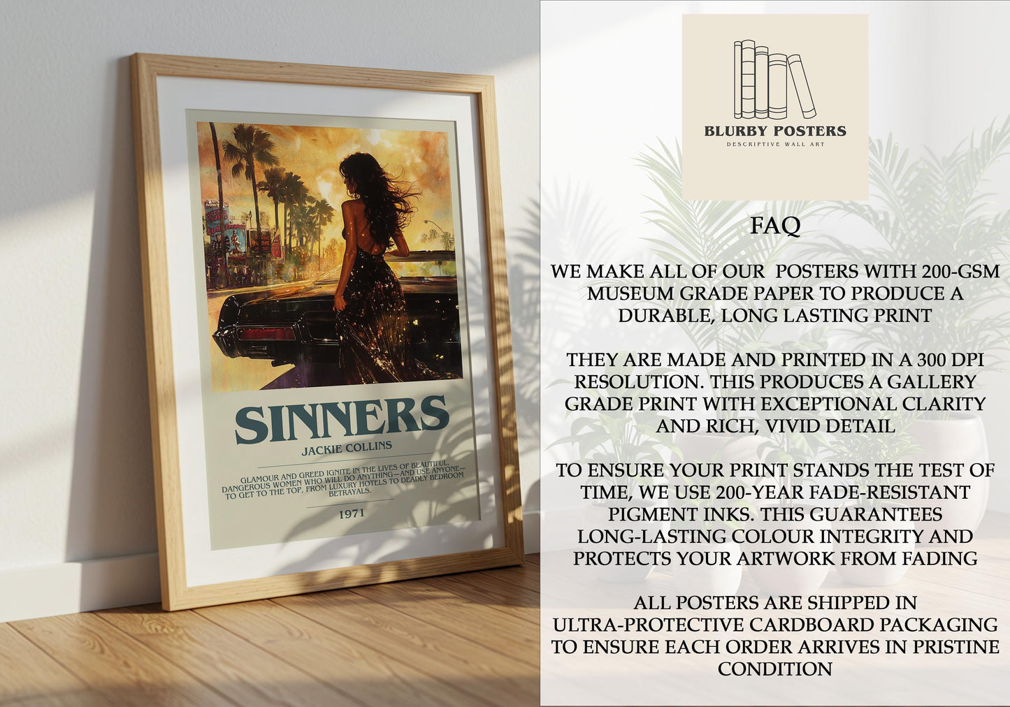 Sinners by Jackie Collins Descriptive Poster Print. Free Delivery Wall Art Author & Blurb Book Artwork Novel