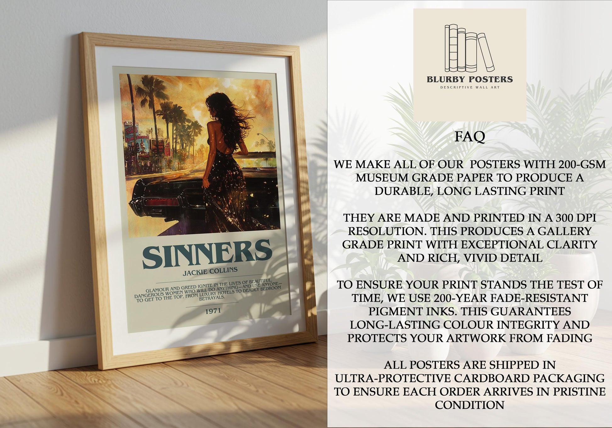 Sinners by Jackie Collins Descriptive Poster Print. Free Delivery Wall Art Author & Blurb Book Artwork Novel