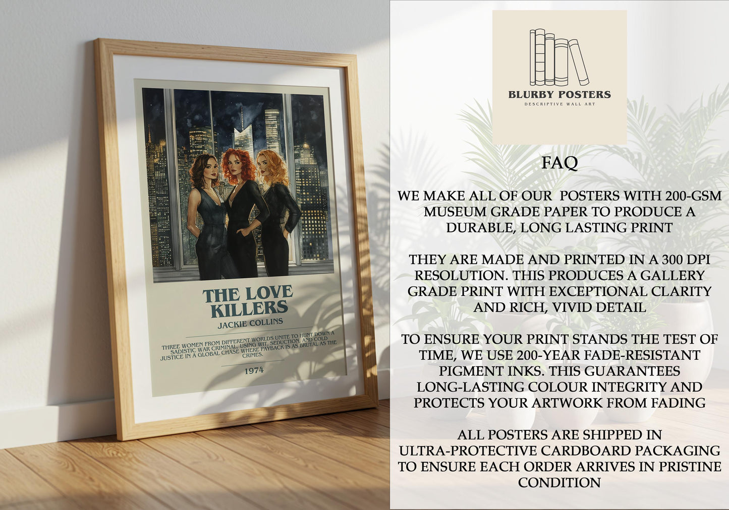 The Love Killers by Jackie Collins Descriptive Poster Print. Free Delivery Wall Art Author & Blurb Book Artwork Novel