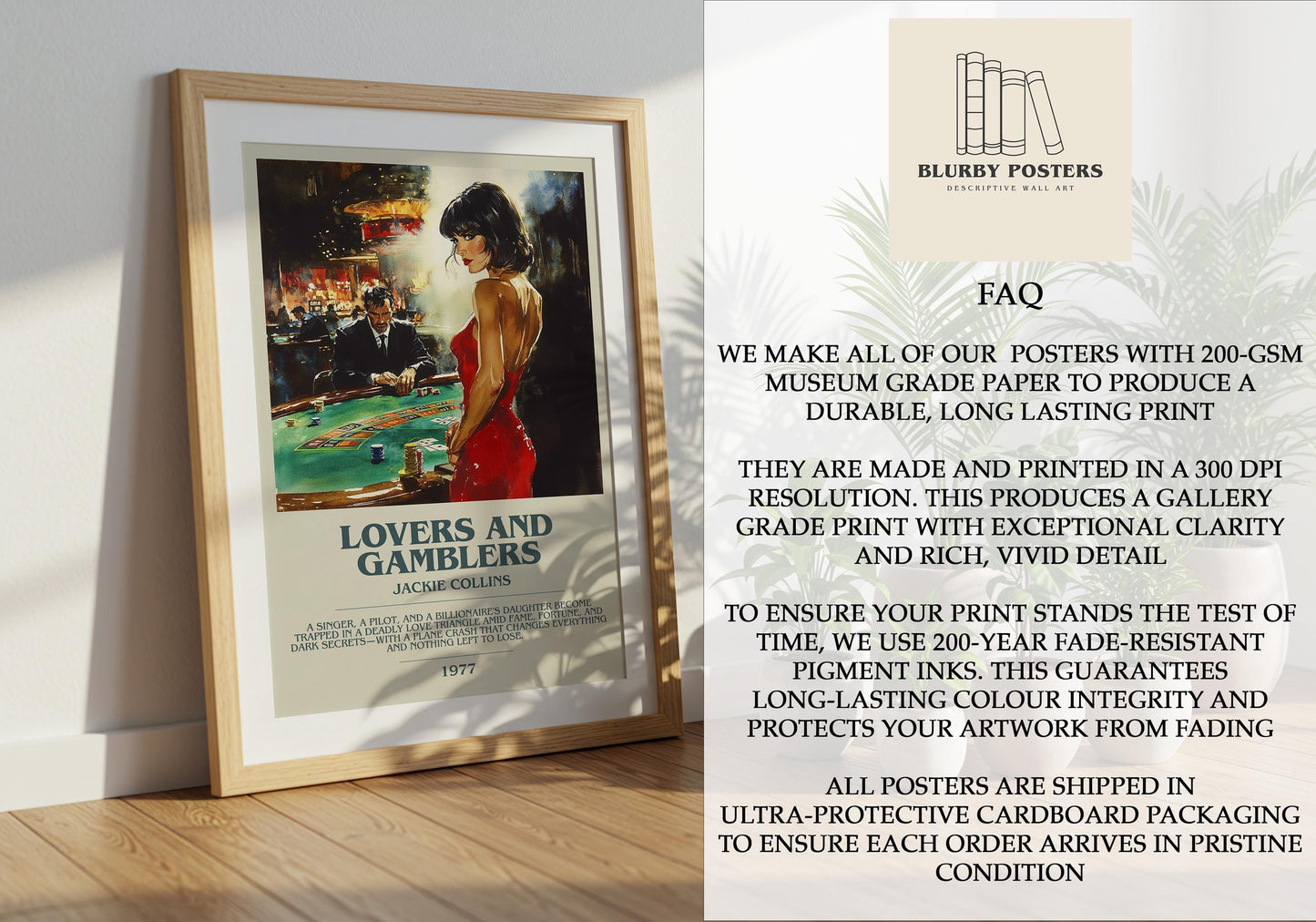 Lovers and Gamblers by Jackie Collins Descriptive Poster Print. Free Delivery Wall Art Author & Blurb Book Artwork Novel