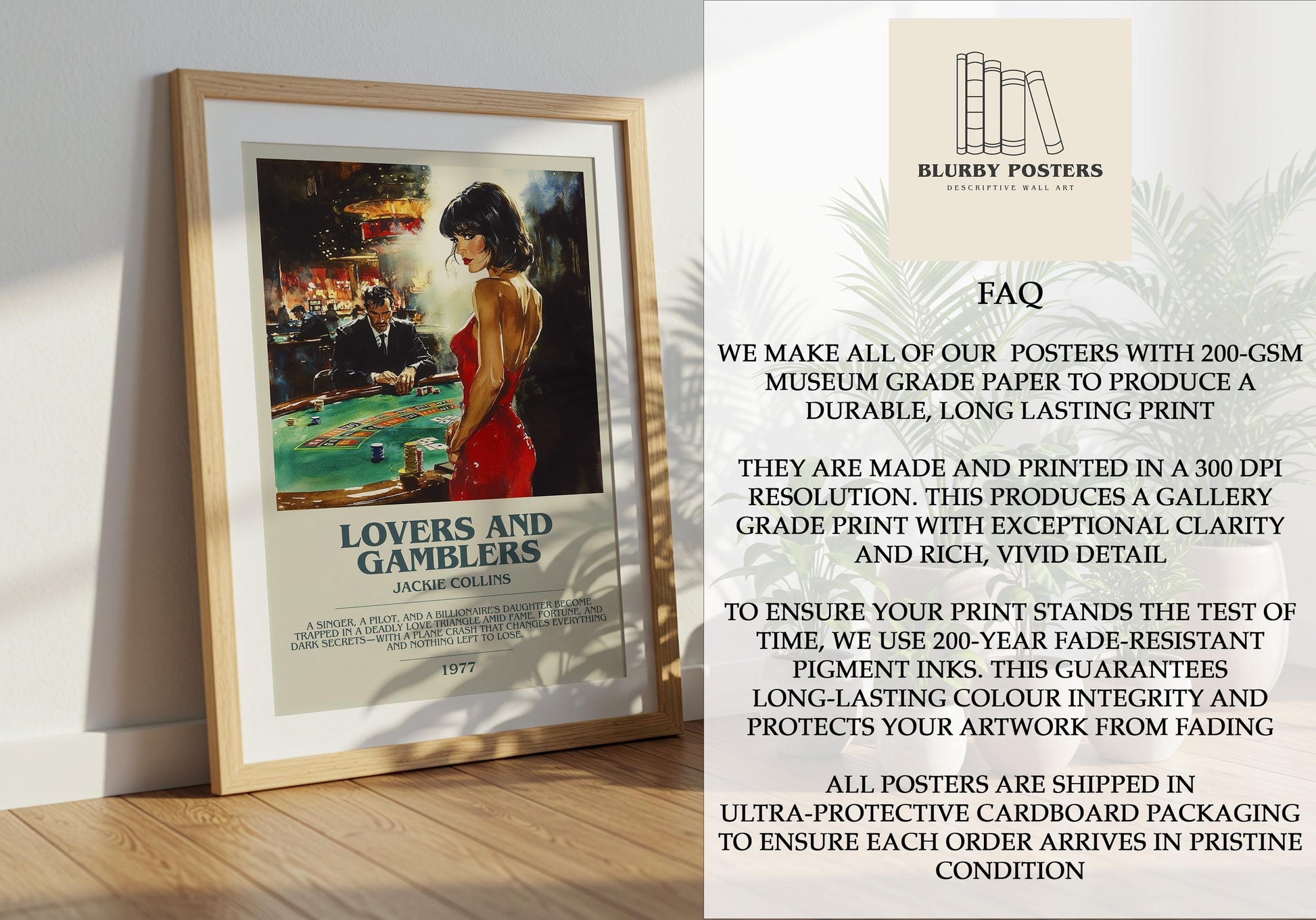 Lovers and Gamblers by Jackie Collins Descriptive Poster Print. Free Delivery Wall Art Author & Blurb Book Artwork Novel