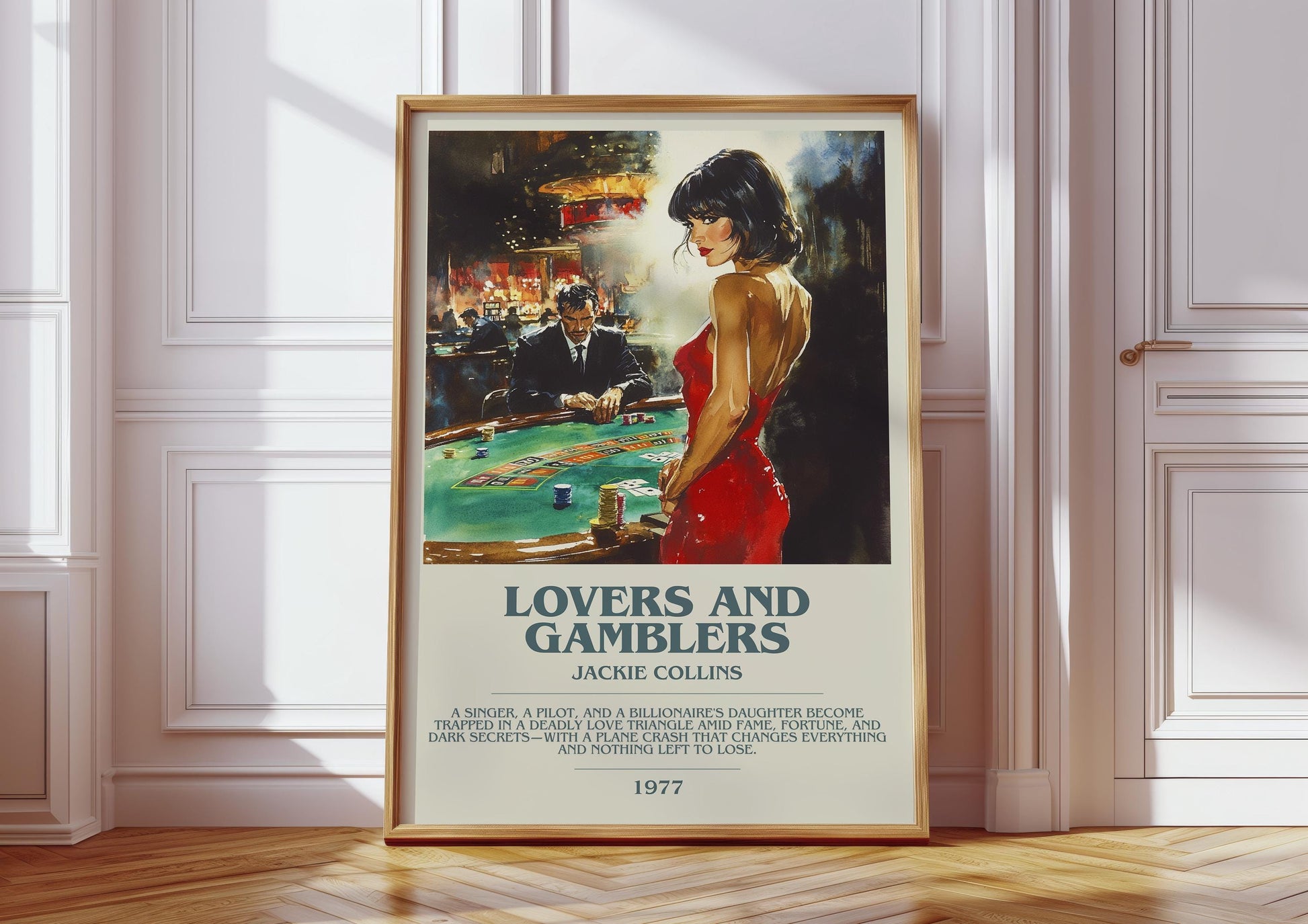 Lovers and Gamblers by Jackie Collins Descriptive Poster Print. Free Delivery Wall Art Author & Blurb Book Artwork Novel