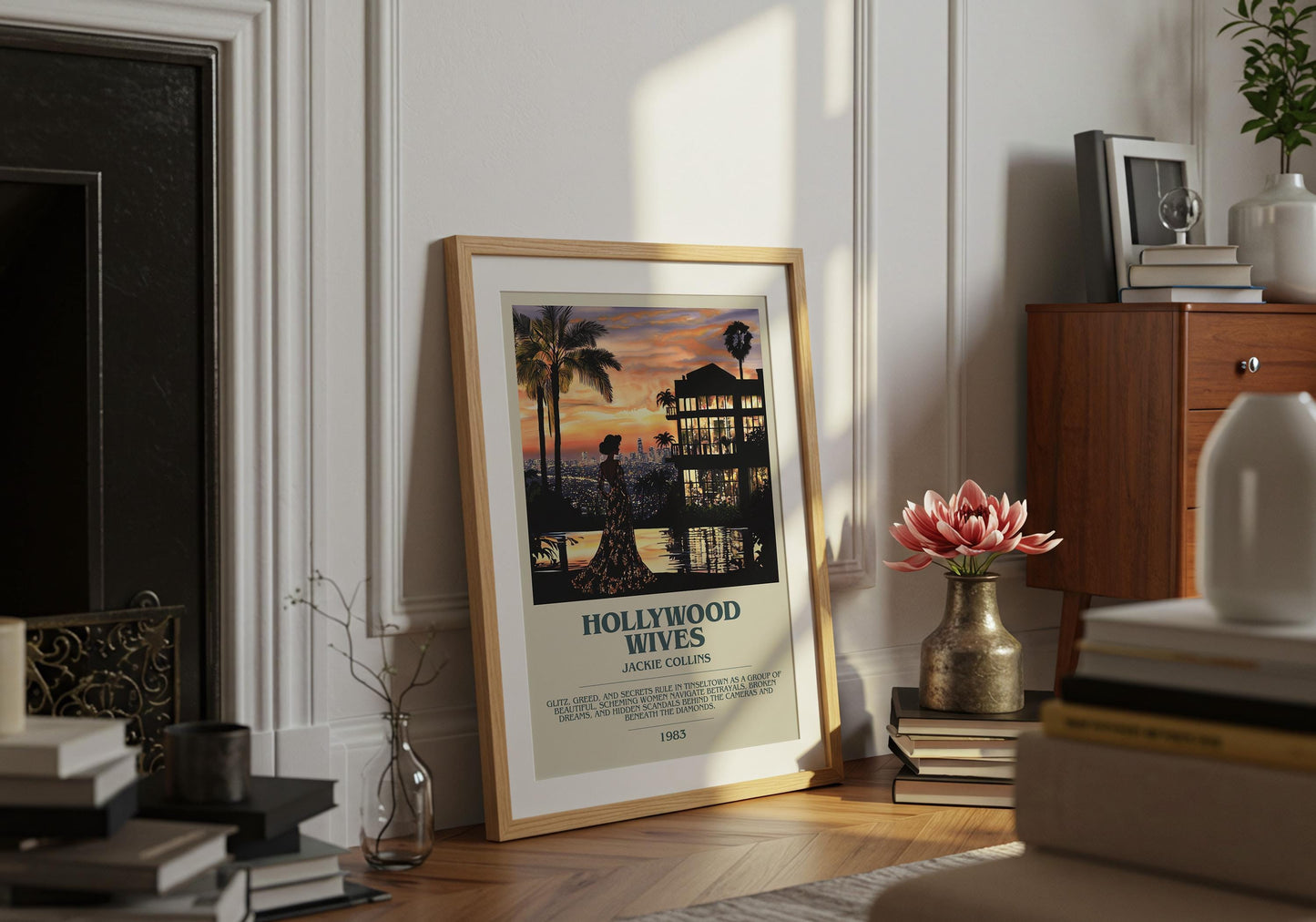 Hollywood Wives by Jackie Collins Descriptive Poster Print. Free Delivery Wall Art Author & Blurb Book Artwork Novel