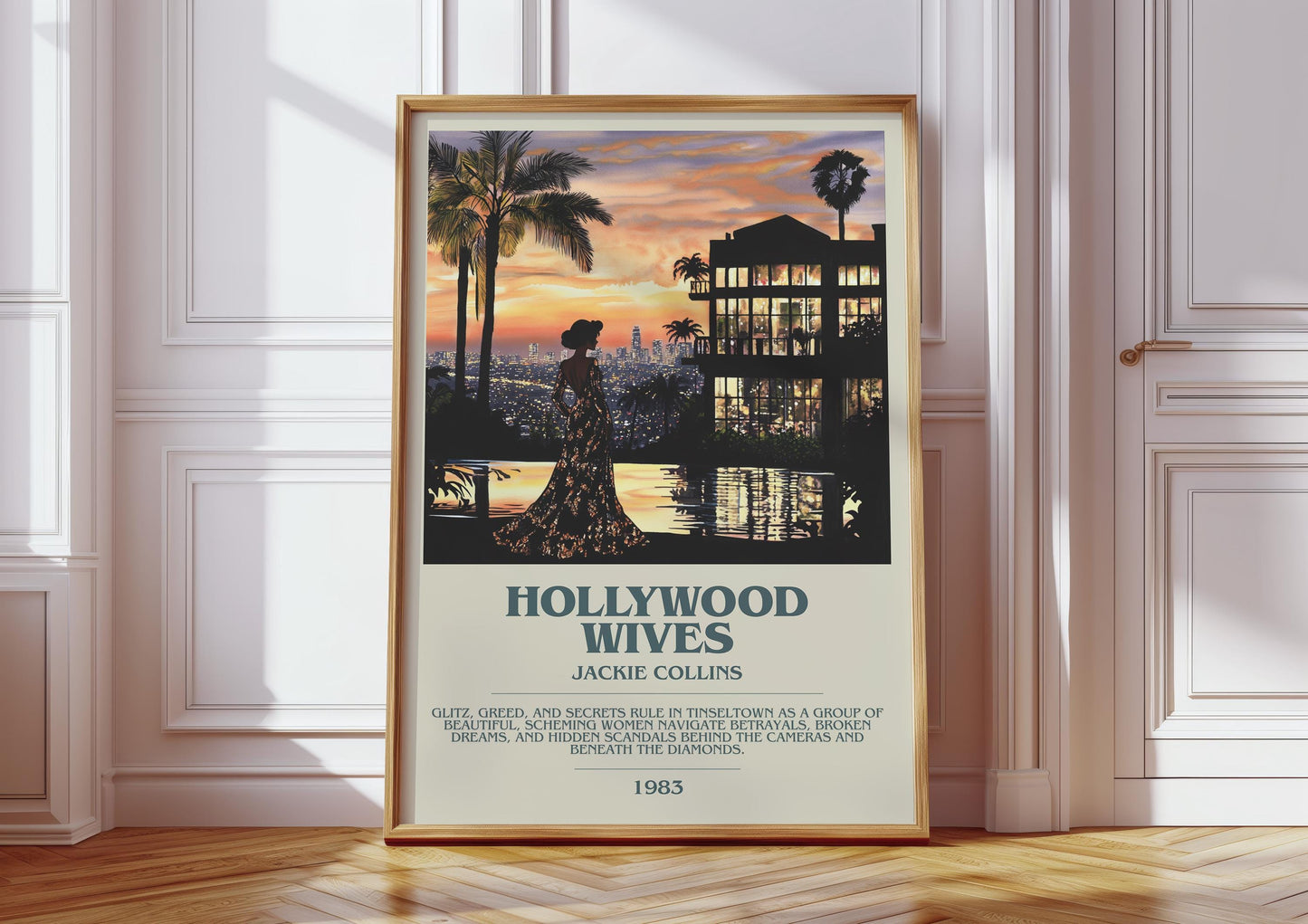 Hollywood Wives by Jackie Collins Descriptive Poster Print. Free Delivery Wall Art Author & Blurb Book Artwork Novel