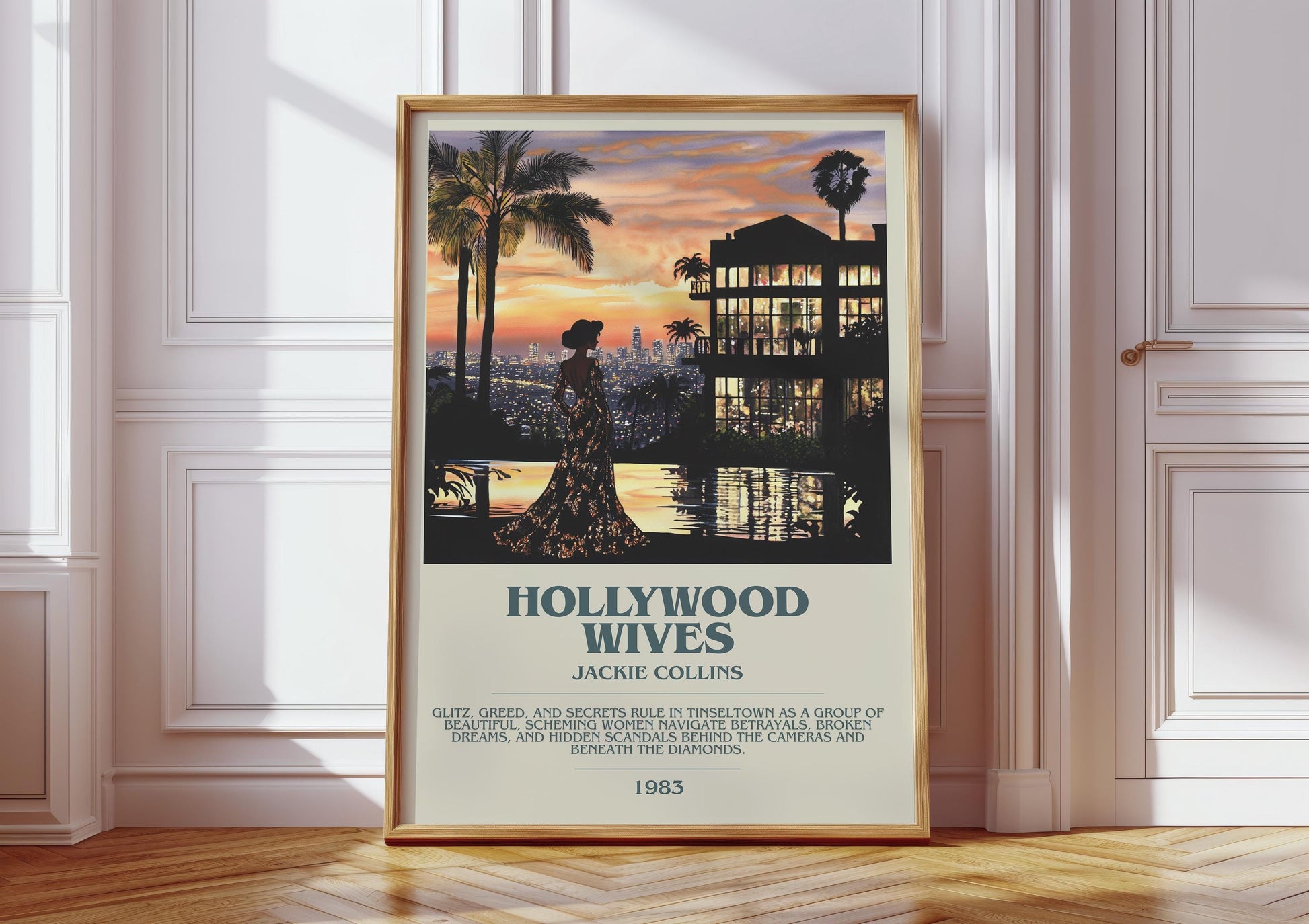 Hollywood Wives by Jackie Collins Descriptive Poster Print. Free Delivery Wall Art Author & Blurb Book Artwork Novel